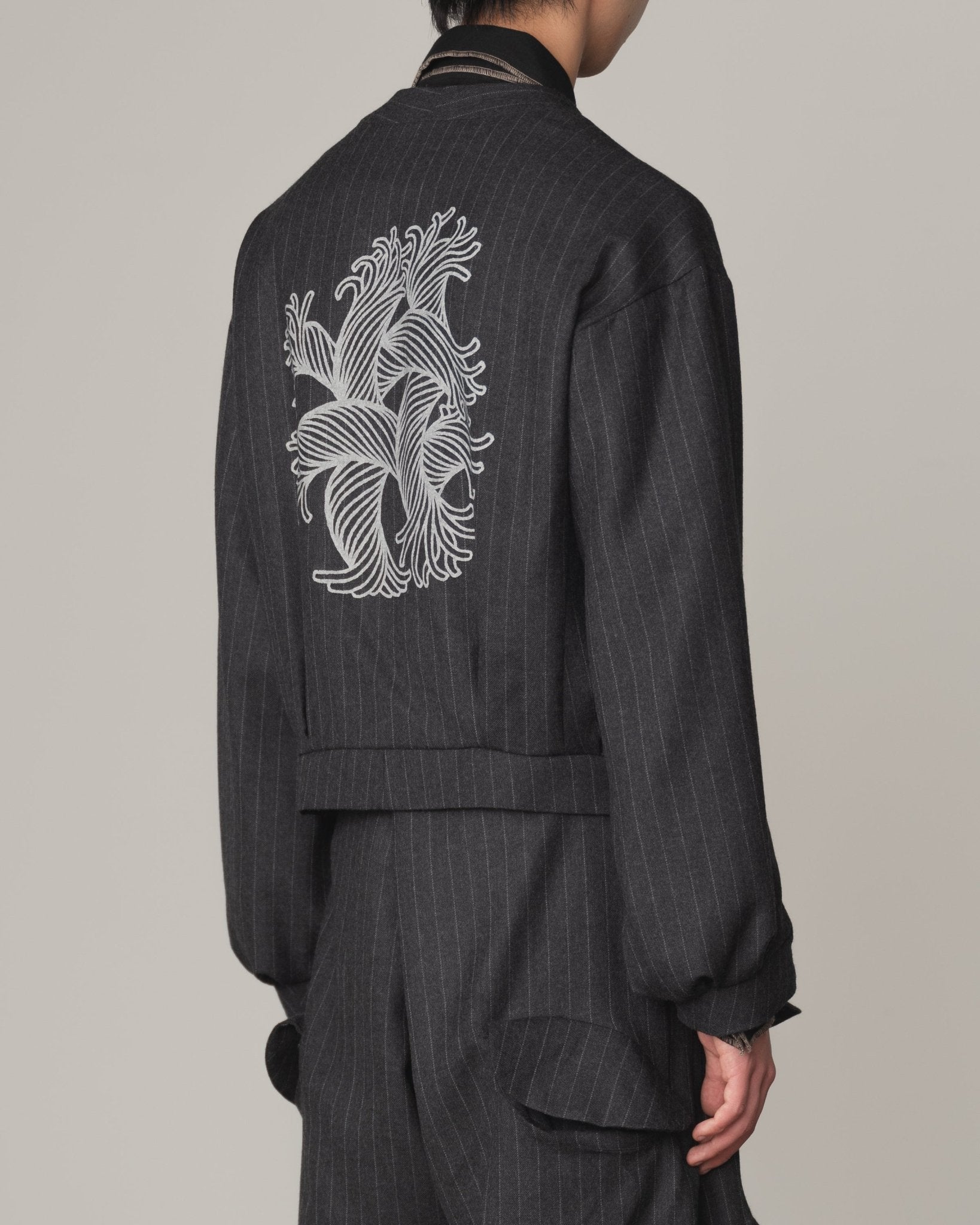 Jacket 8- Wool100% Pin Stripe- Embroidery Back Print- Charcoal