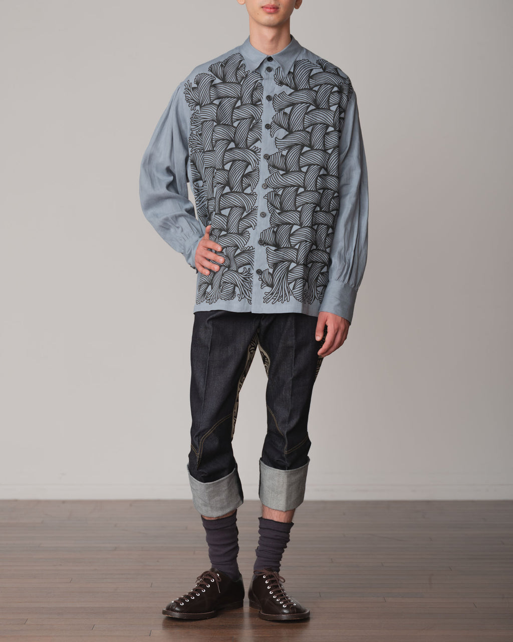 Shirt 893- Linen100% 221- 89 Pattern Rope Print- Ash Blue