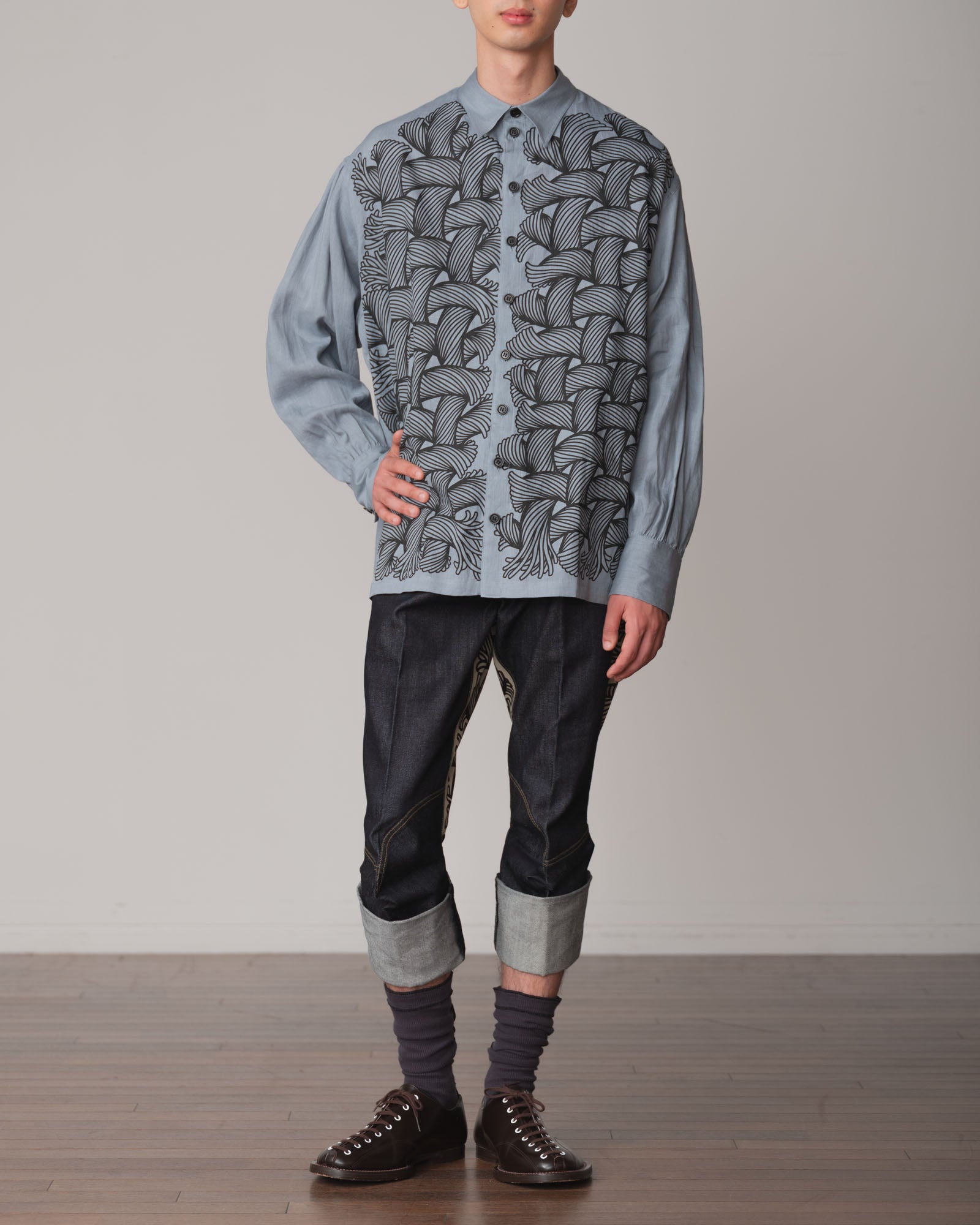 Shirt 893- Linen100% 221- 89 Pattern Rope Print- Ash Blue