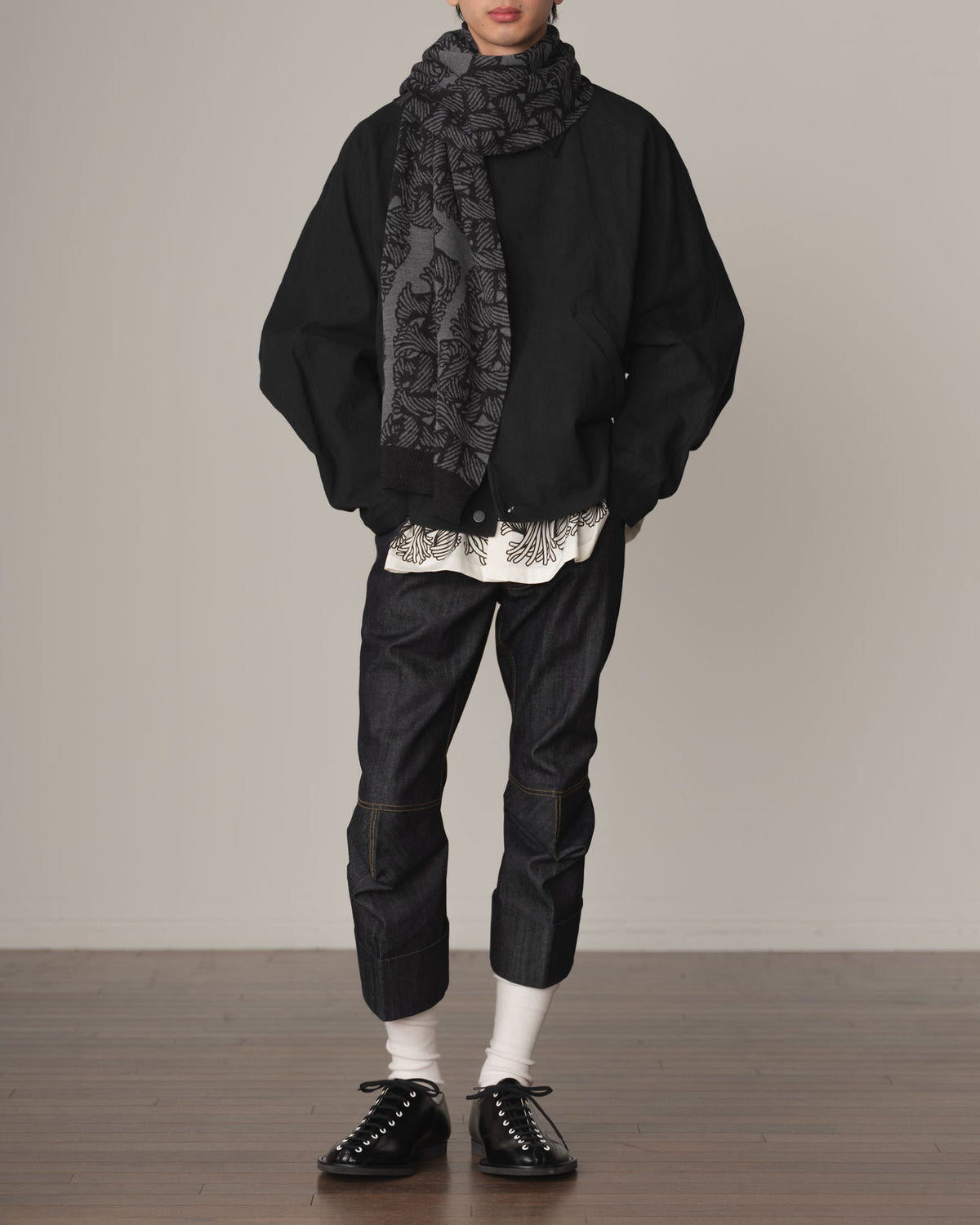 Knit Scarf- Wool100% Jacquard Knit- Isle Rope- Light Grey