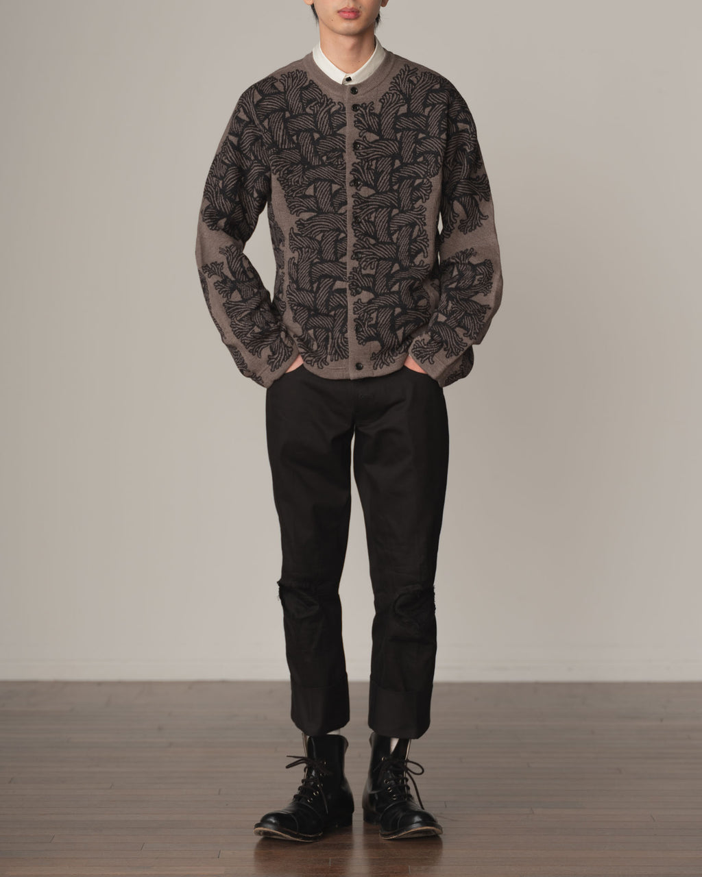 Knit Cardigan 203K- Wool100% Jacquard Knit- 203K Rope- Beige