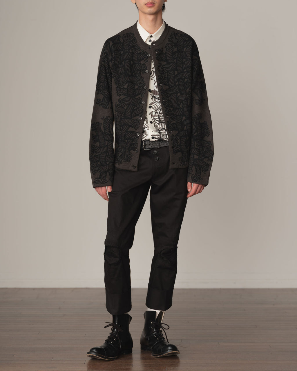 Knit Cardigan 203K- Wool100% Jacquard Knit- 203K Rope- Dark Brown