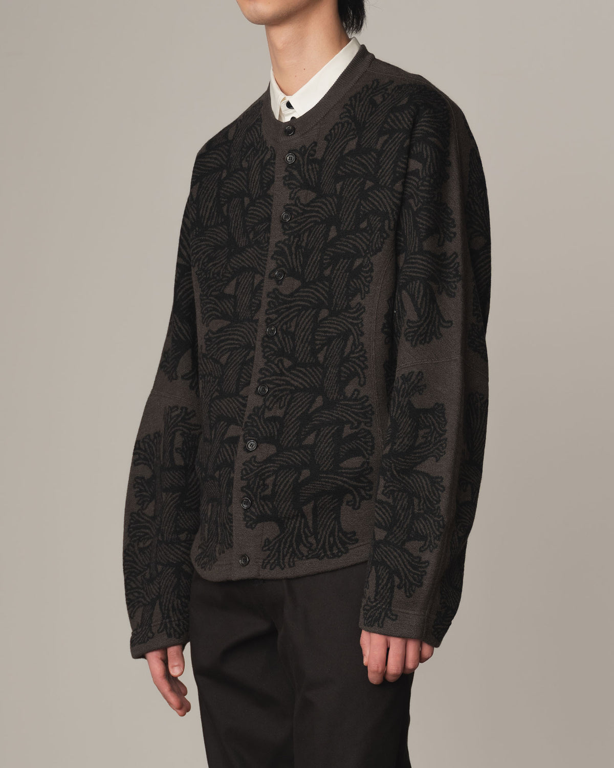 Knit Cardigan 203K- Wool100% Jacquard Knit- 203K Rope- Dark Brown