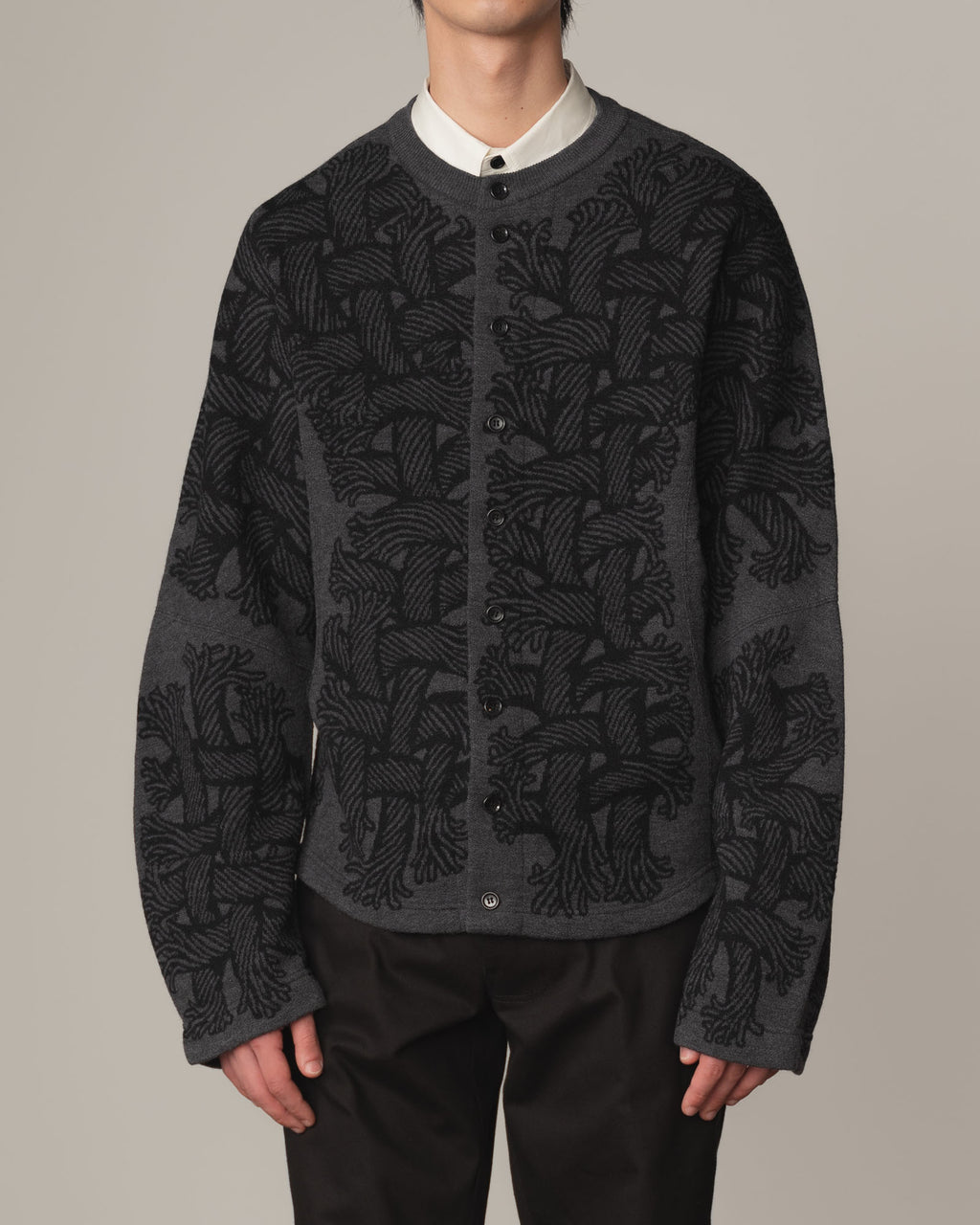 Knit Cardigan 203K- Wool100% Jacquard Knit- 203K Rope- Dark Grey