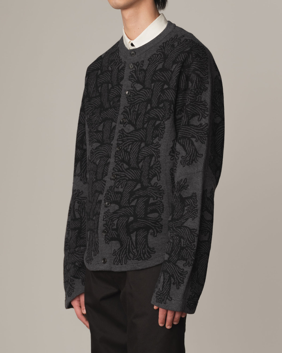 Knit Cardigan 203K- Wool100% Jacquard Knit- 203K Rope- Dark Grey