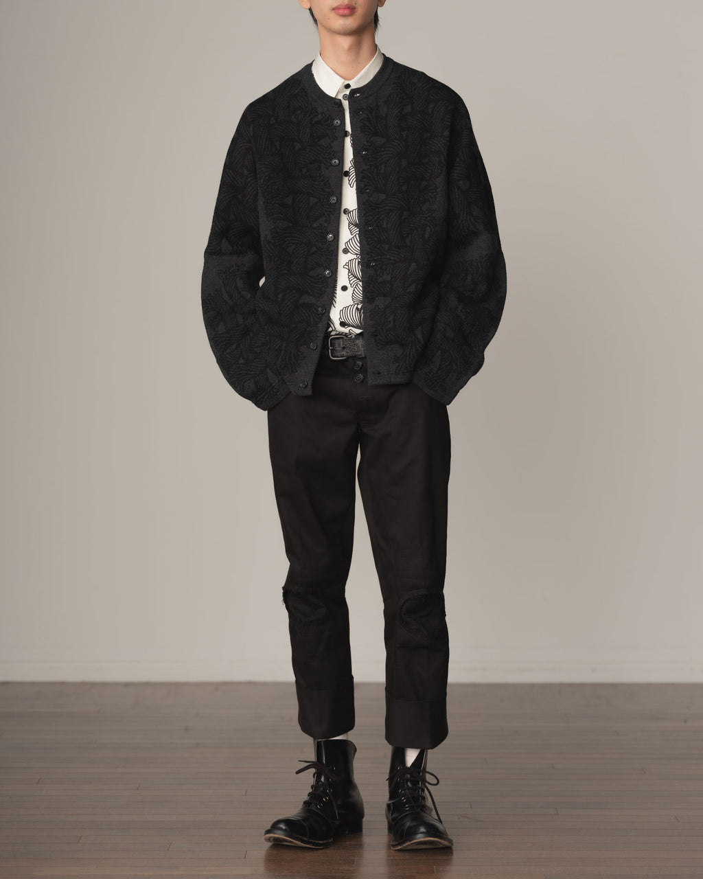 Knit Cardigan 203K- Wool100% Jacquard Knit- 203K Rope- Charcoal