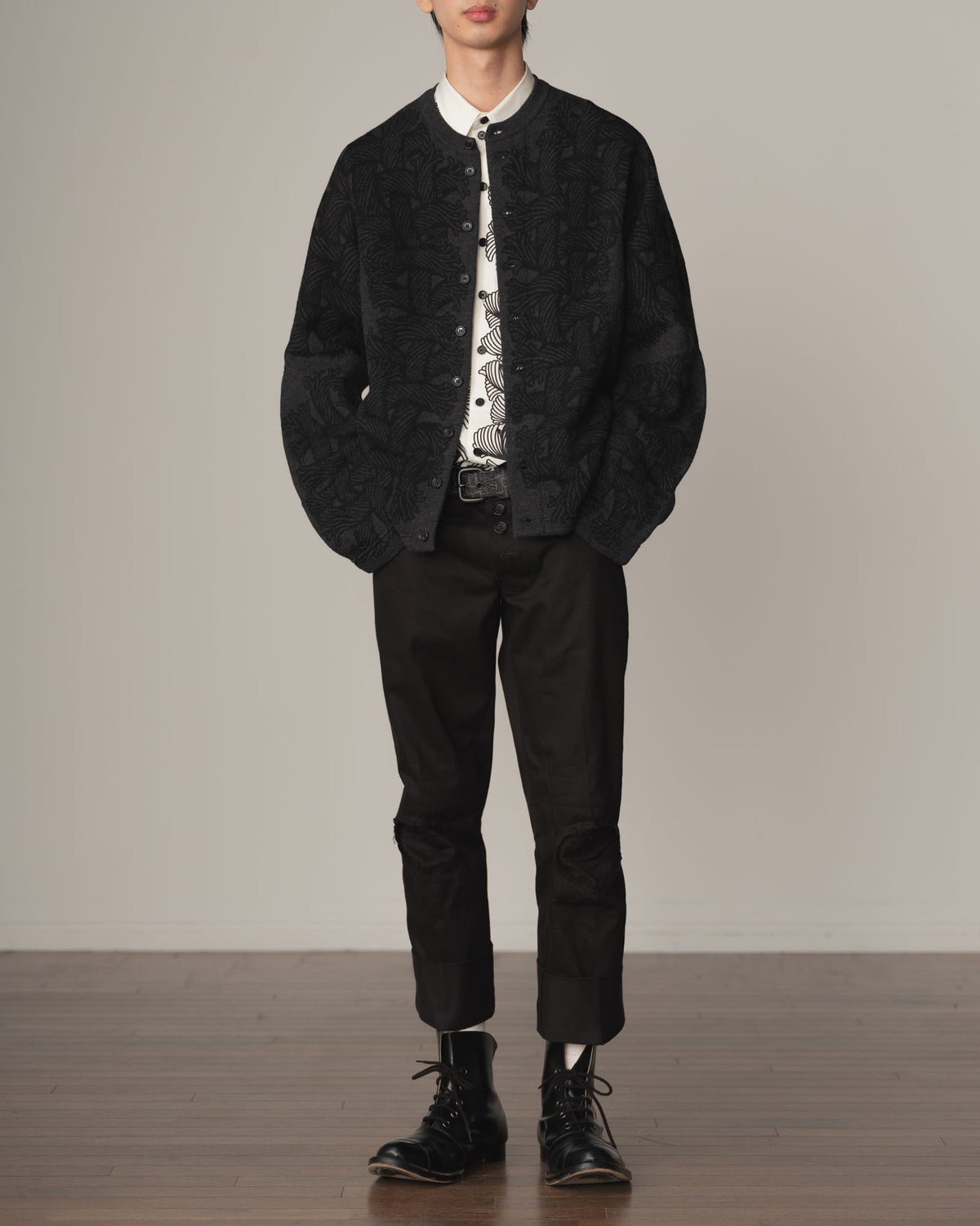 Knit Cardigan 203K- Wool100% Jacquard Knit- 203K Rope- Charcoal