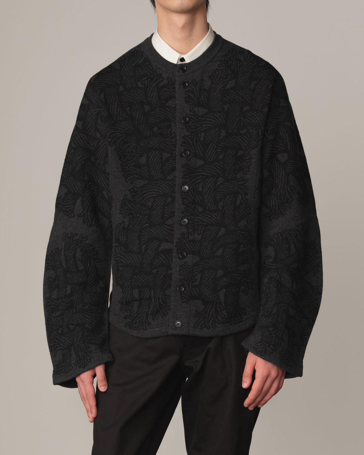 Knit Cardigan 203K- Wool100% Jacquard Knit- 203K Rope- Charcoal