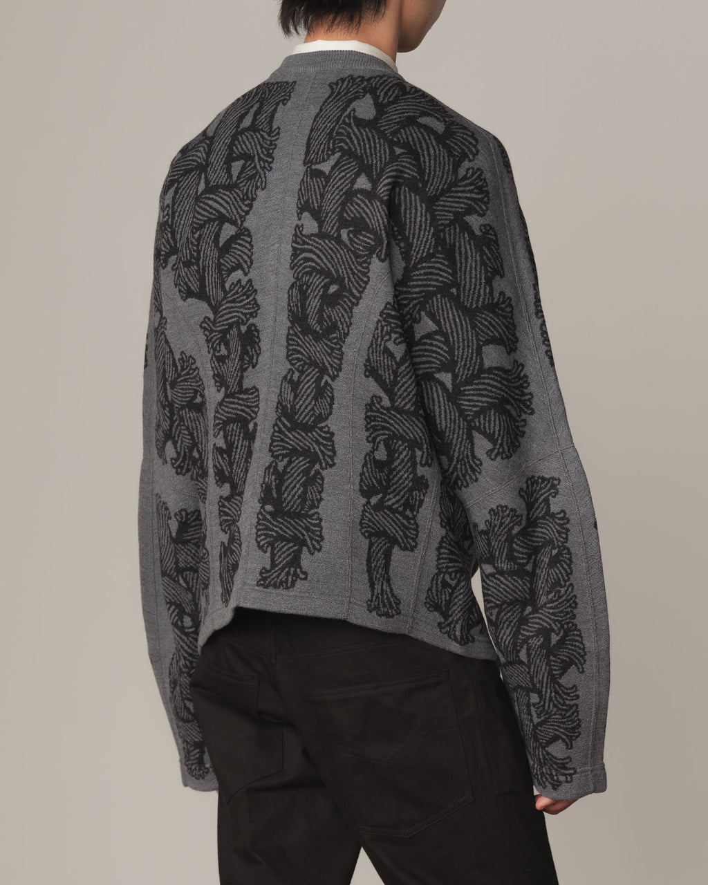 Knit Cardigan 203K- Wool100% Jacquard Knit- 203K Rope- Light Grey