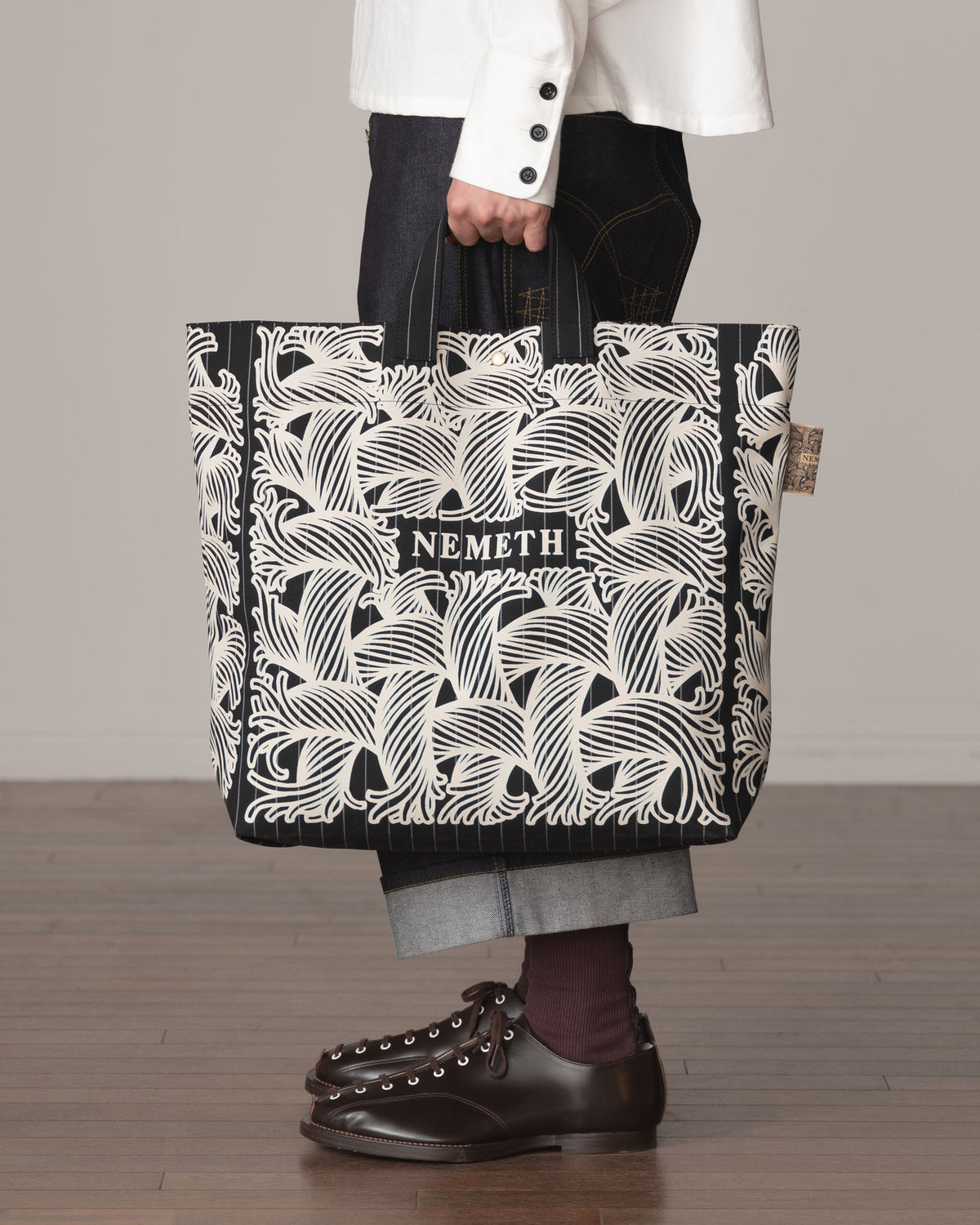 Logo Bag- Wool100% Tropical White Stripes- White Logo Print- Black