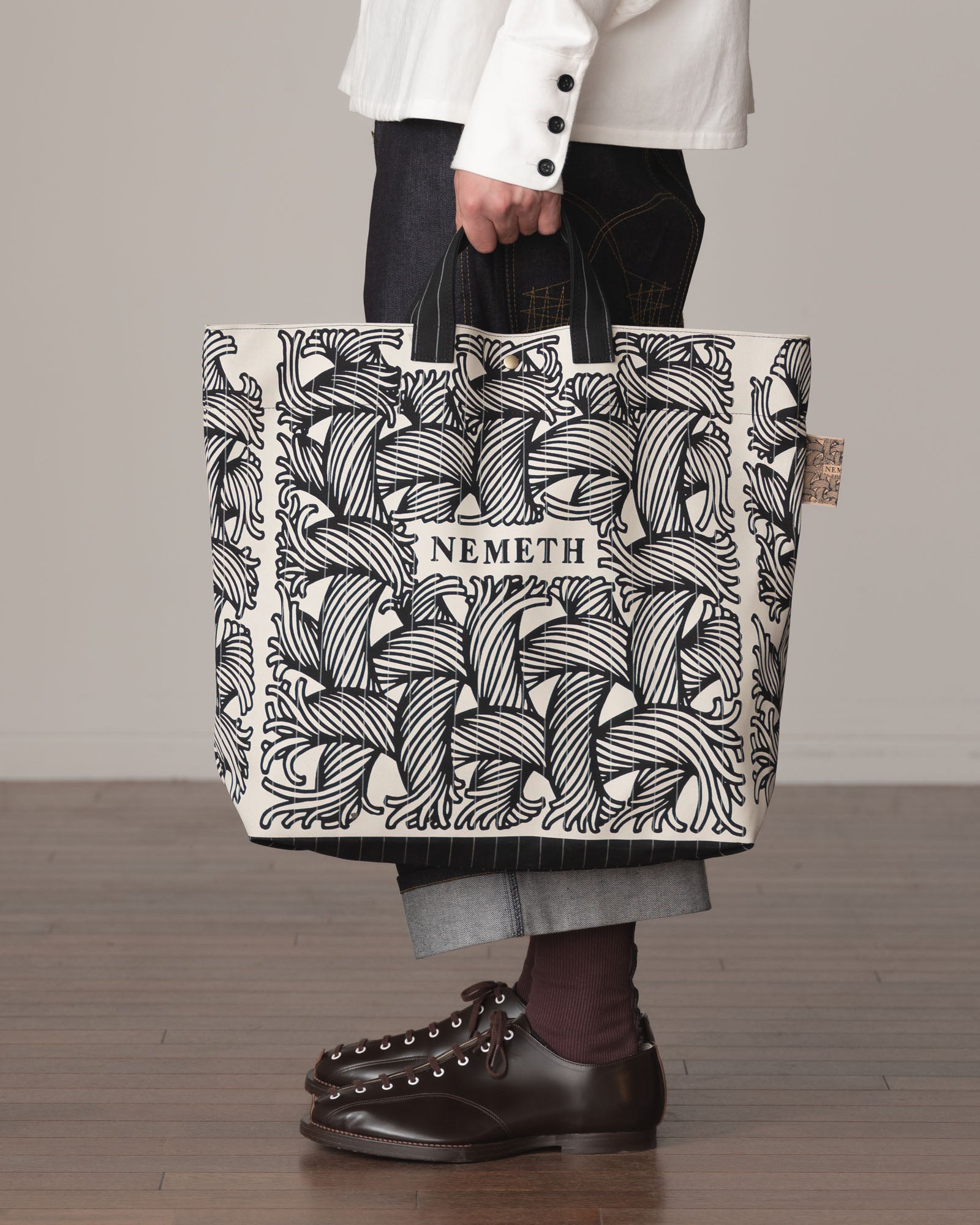 Logo Bag- Wool100% Tropical White Stripes- White Negative Logo Print- Black
