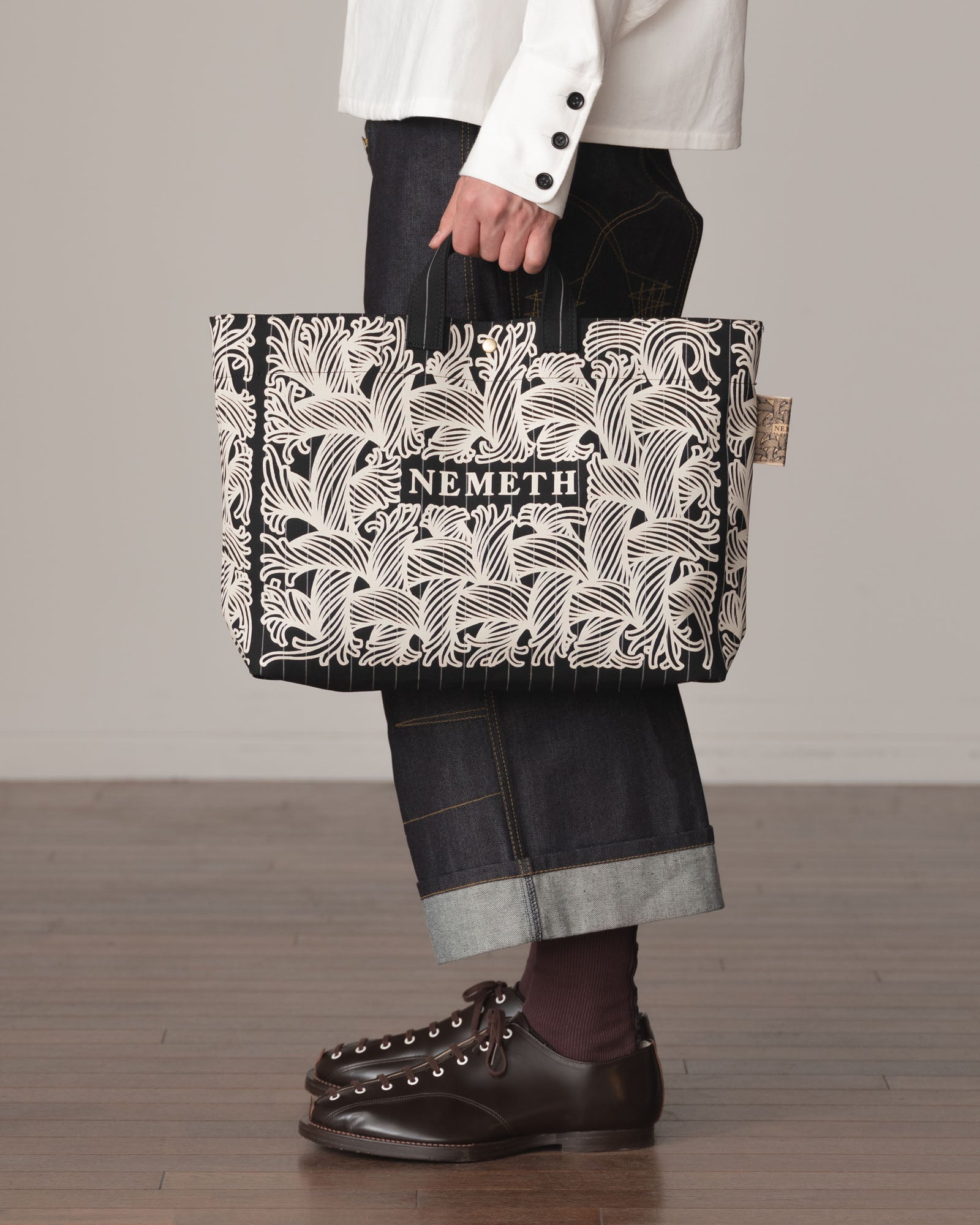Logo Bag- Wool100% Tropical White Stripes- White Logo Print- Black