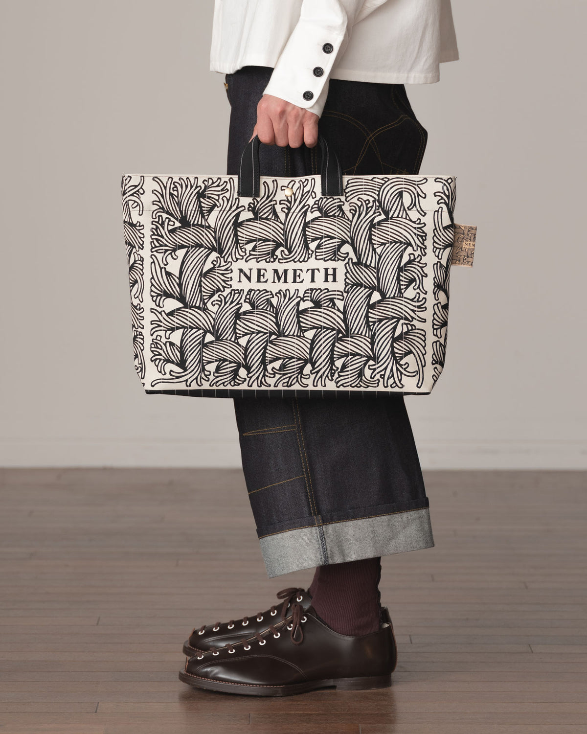 Logo Bag- Wool100% Tropical White Stripes- White Negative Logo Print- Black