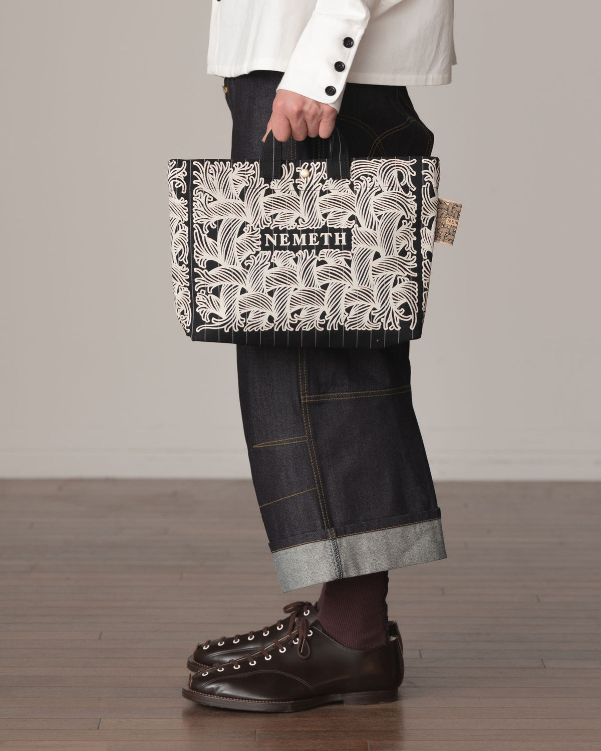 Logo Bag- Wool100% Tropical White Stripes- White Logo Print- Black