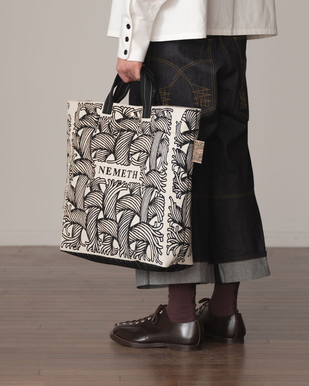 Logo Bag- Wool100% Tropical White Stripes- White Negative Logo Print- Black