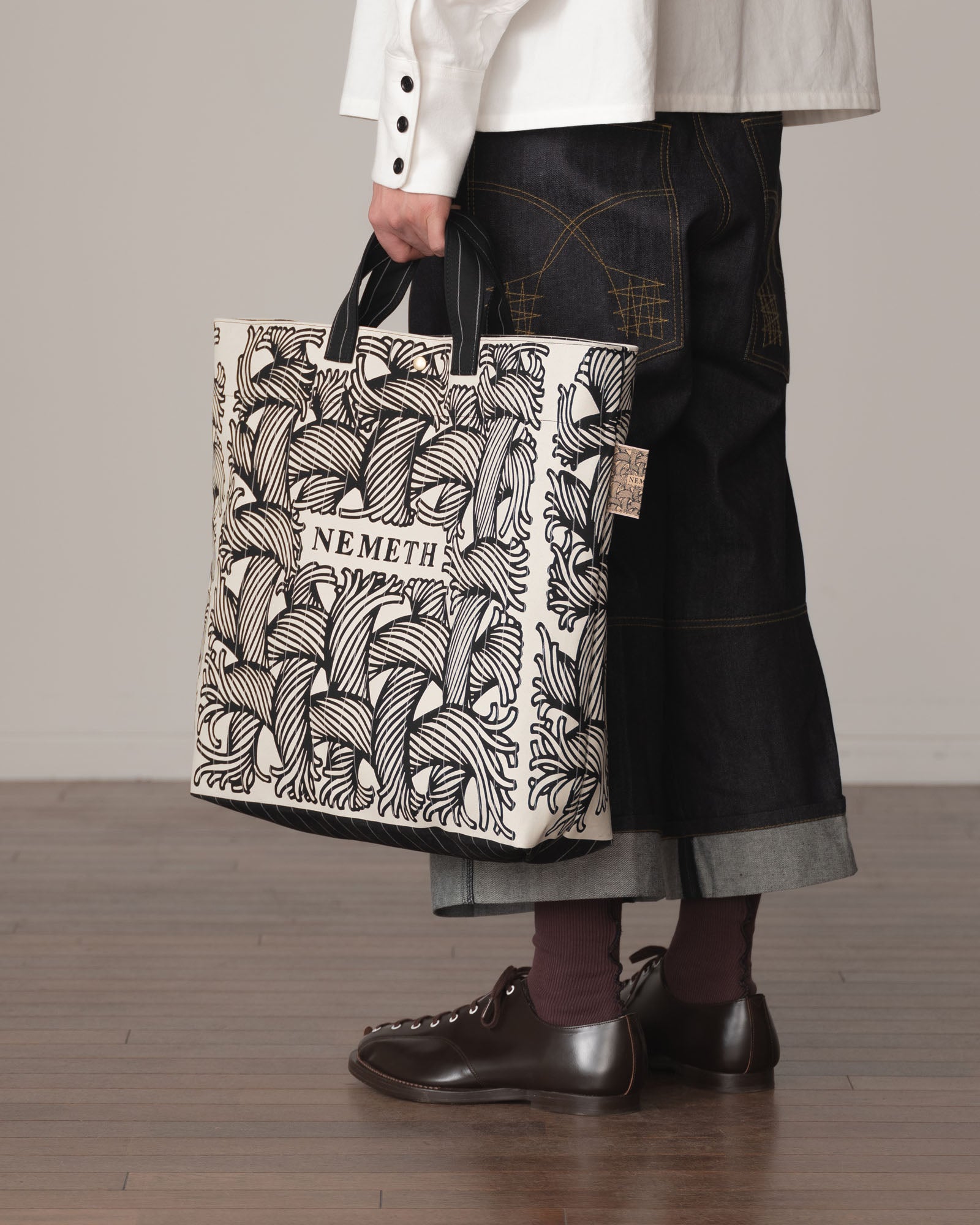 Logo Bag- Wool100% Tropical White Stripes- White Negative Logo Print- Black
