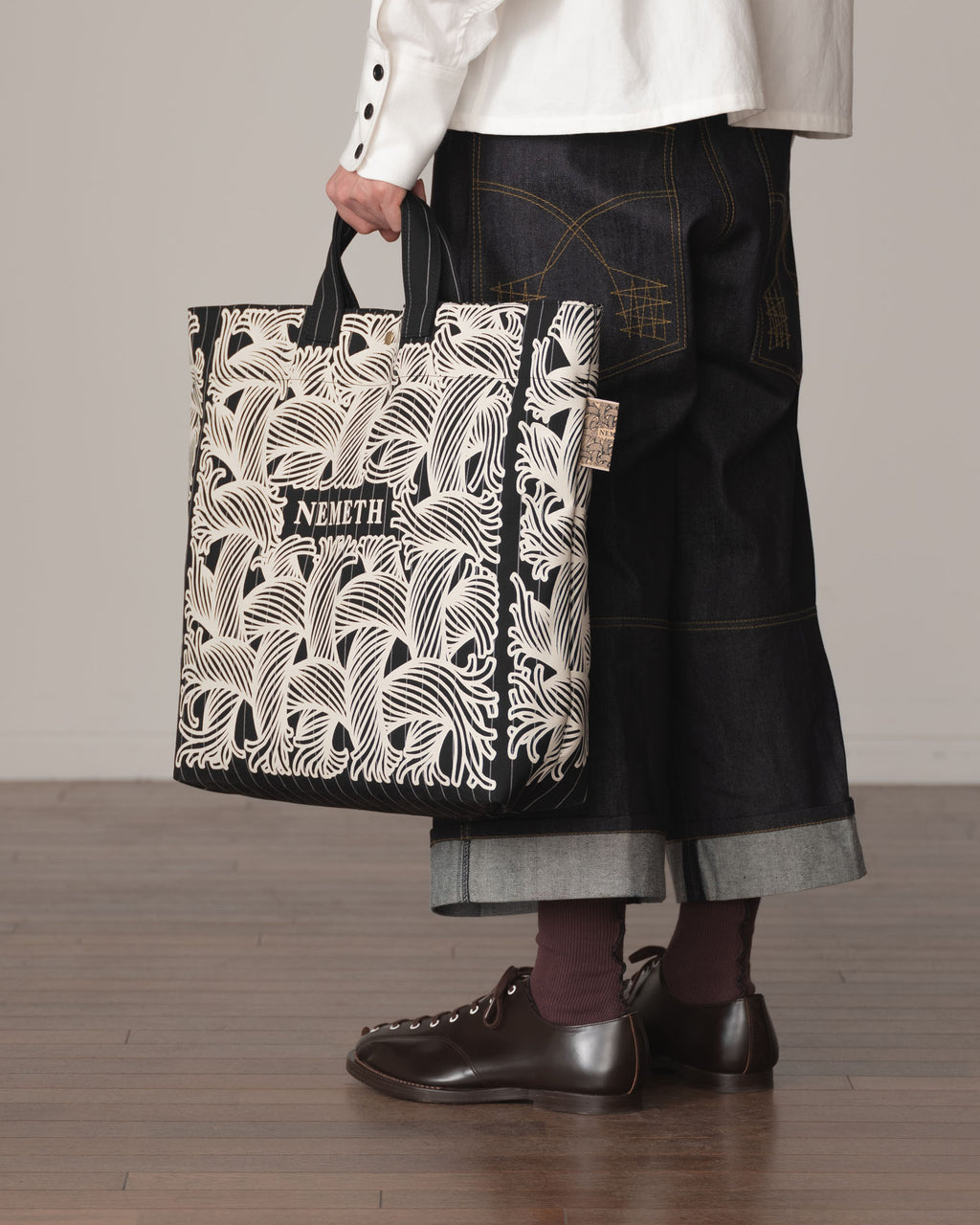 Logo Bag- Wool100% Tropical White Stripes- White Logo Print- Black