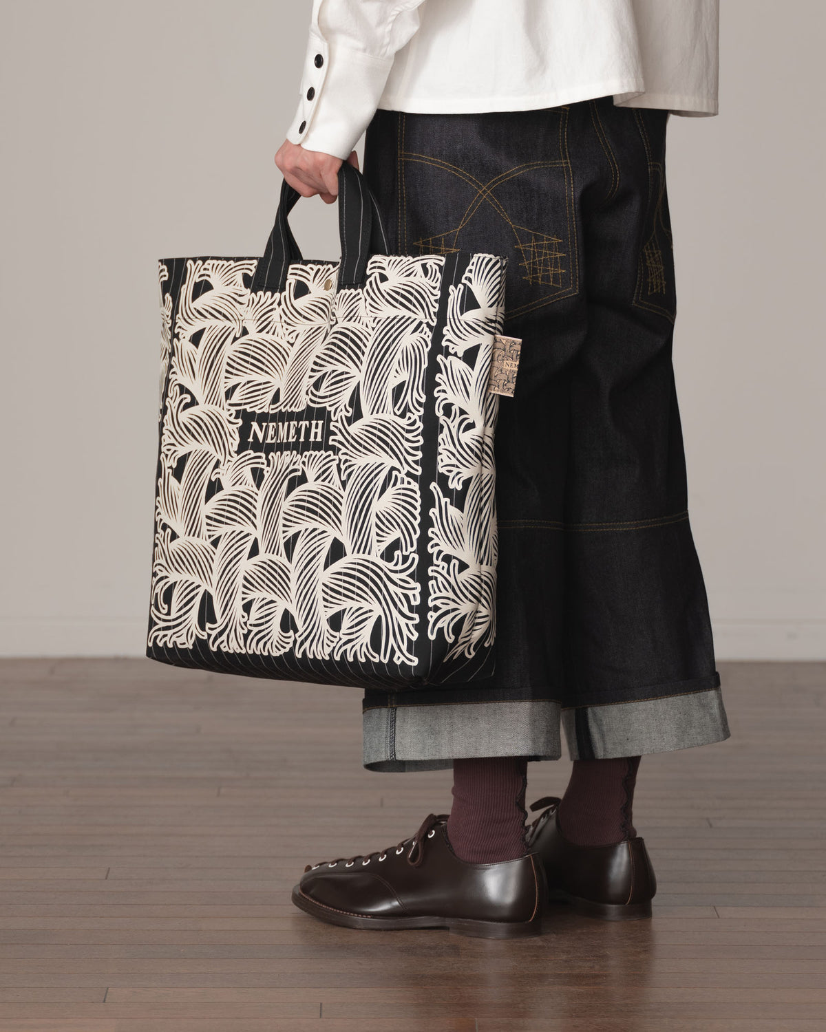 Logo Bag- Wool100% Tropical White Stripes- White Logo Print- Black