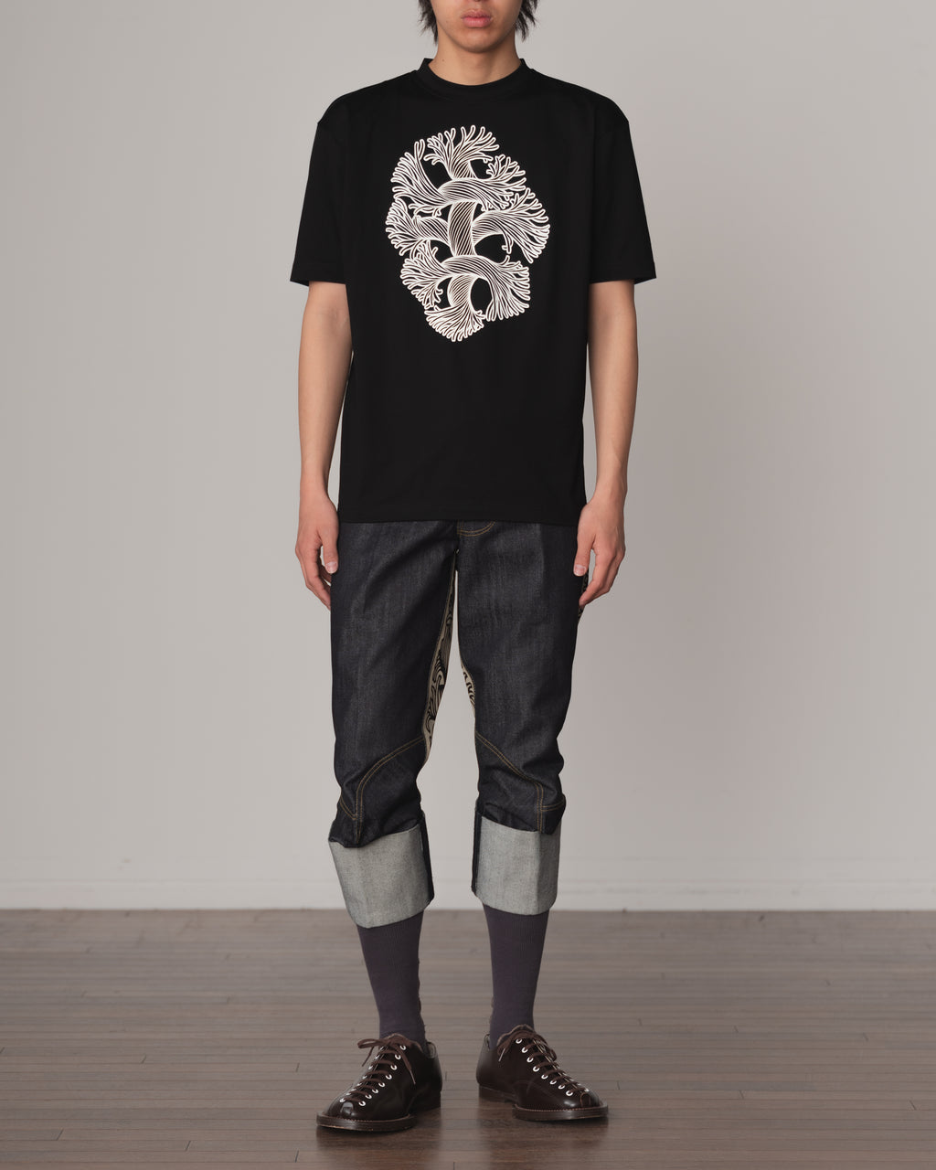 Tshirt Printed- Cotton100% Jersey- Cutout Rope-Fray- Black