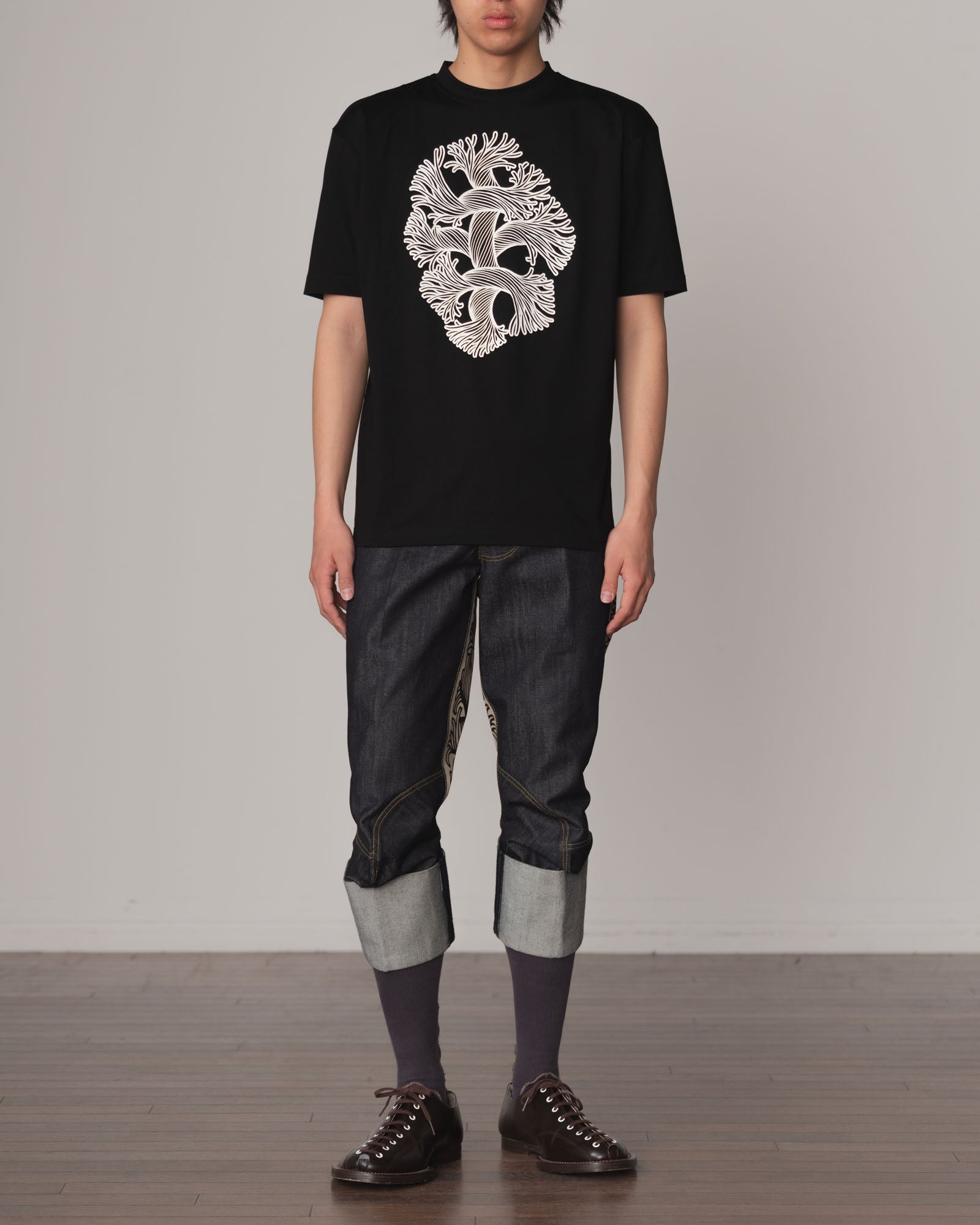 Tshirt Printed- Cotton100% Jersey- Cutout Rope-Fray- Black