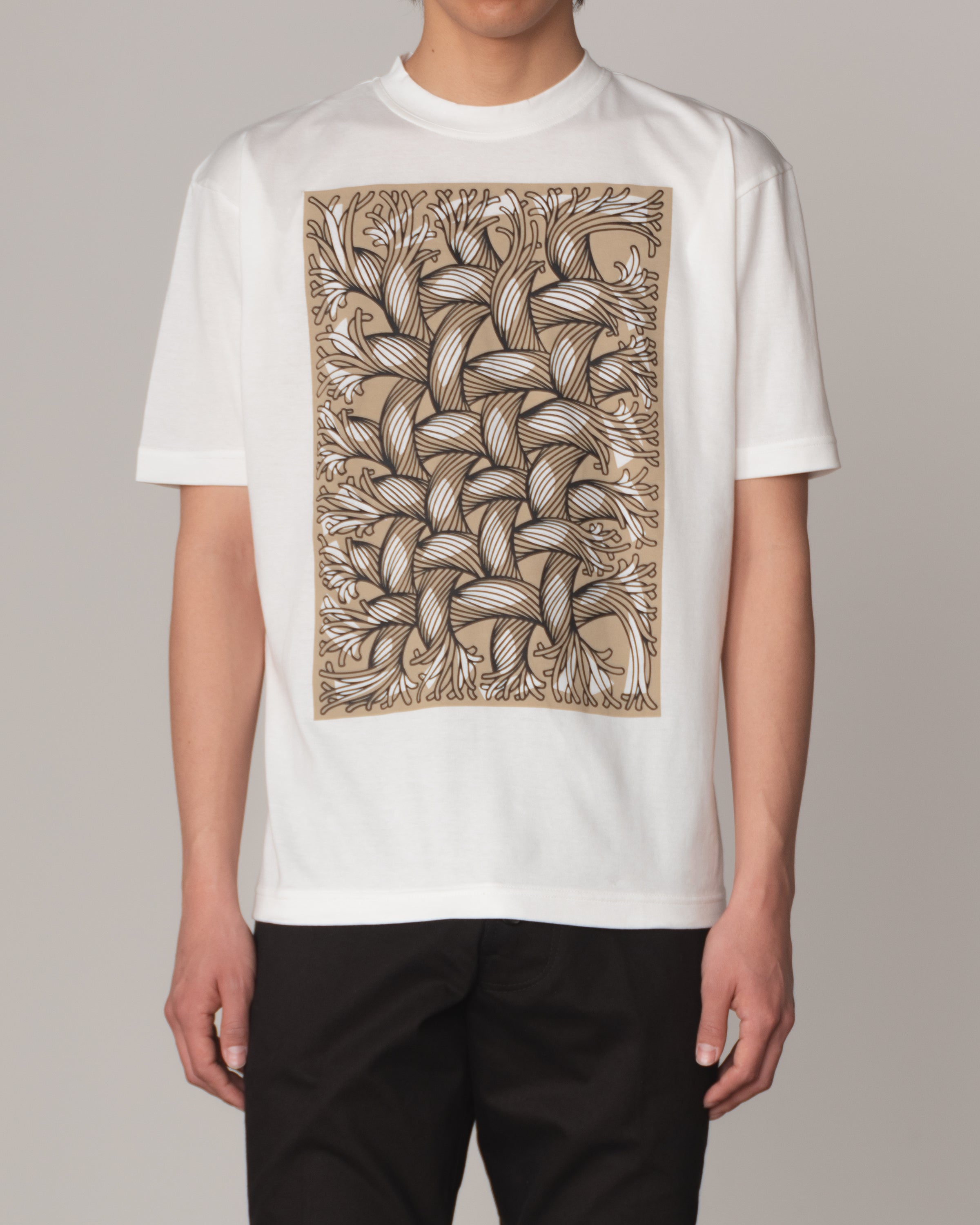 Tshirt Printed- Cotton100% Jersey- Cutout Rope Print- Square- White Body Beige Base