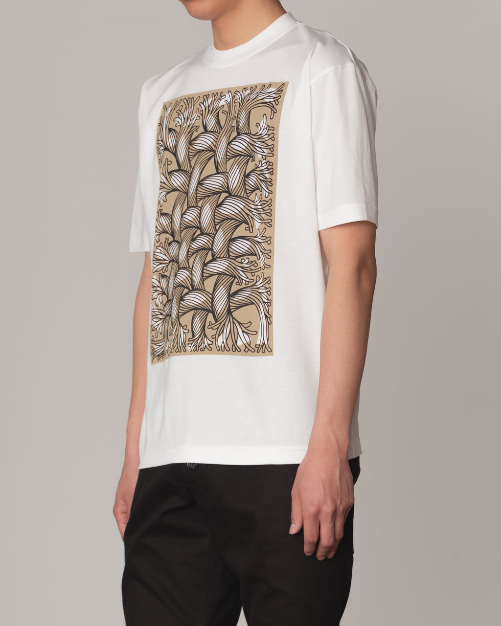 Tshirt Printed- Cotton100% Jersey- Cutout Rope Print- Square- White Body Beige Base