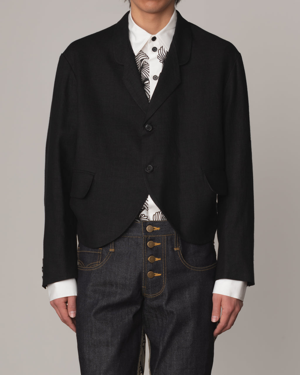 Jacket 32- Linen100% Heavy Canvas- Embroidery Back Print- Kite Strings- Black