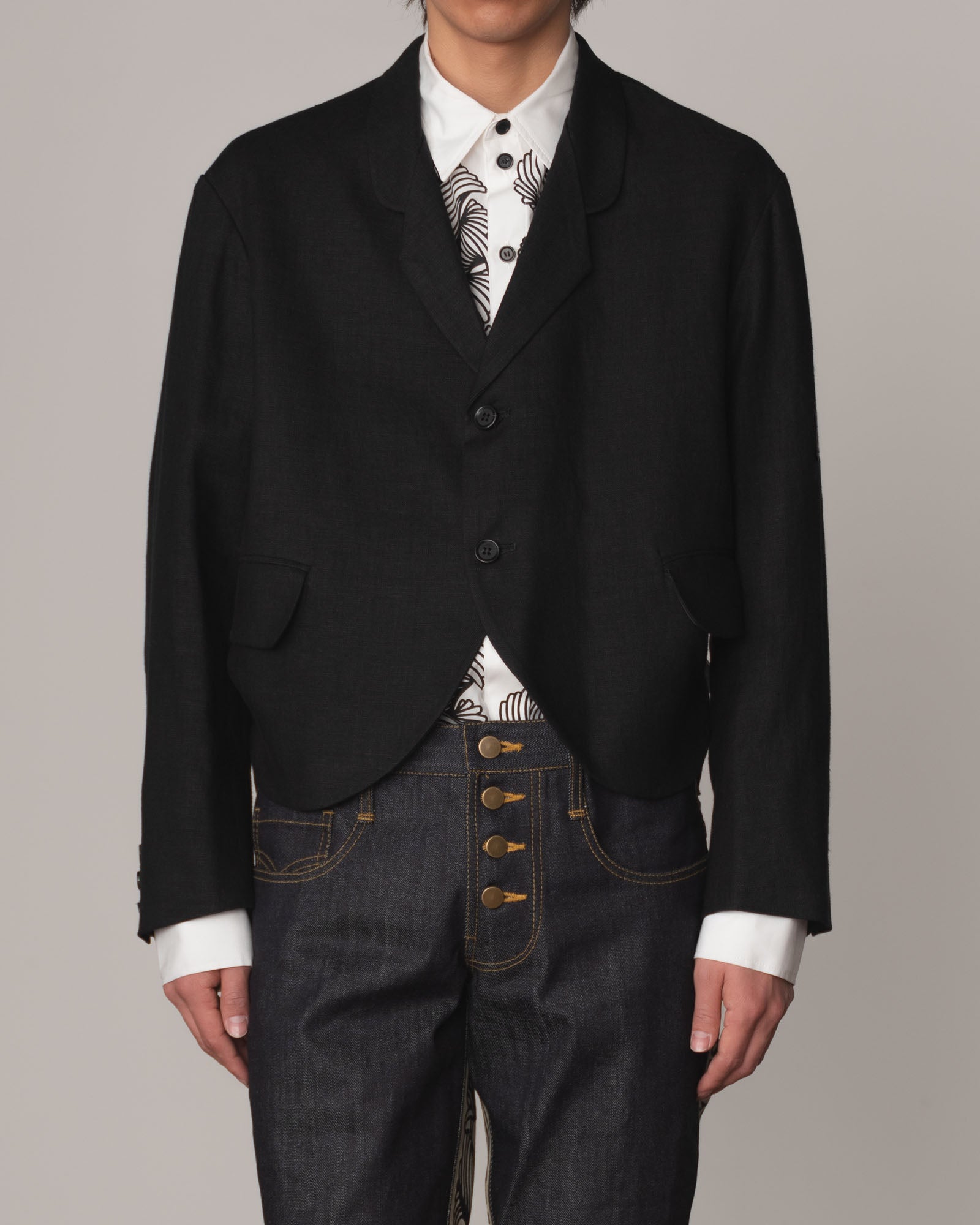 Jacket 32- Linen100% Heavy Canvas- Embroidery Back Print- Kite Strings- Black