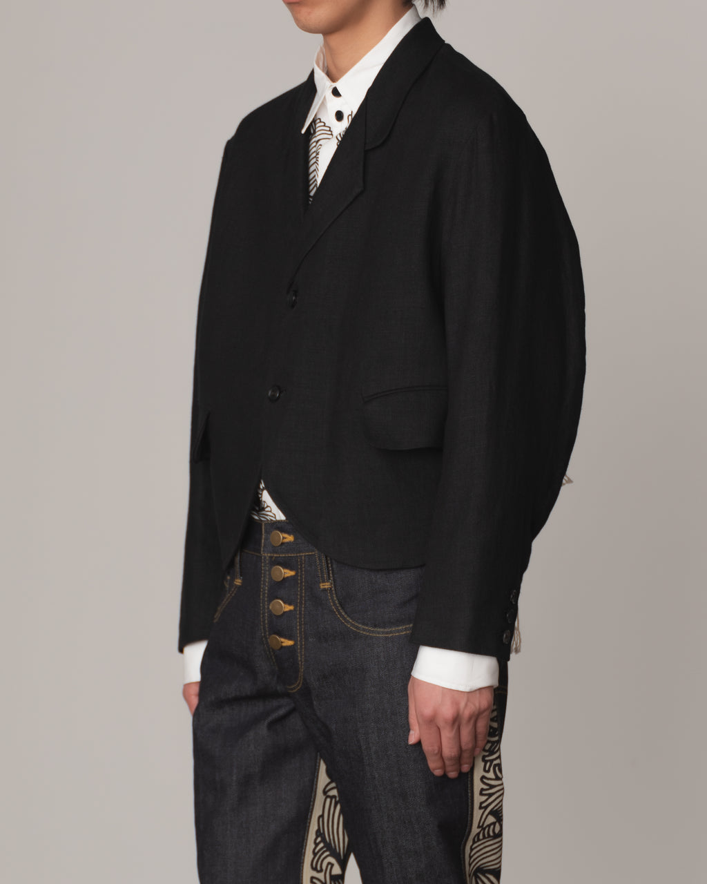 Jacket 32- Linen100% Heavy Canvas- Embroidery Back Print- Kite Strings- Black