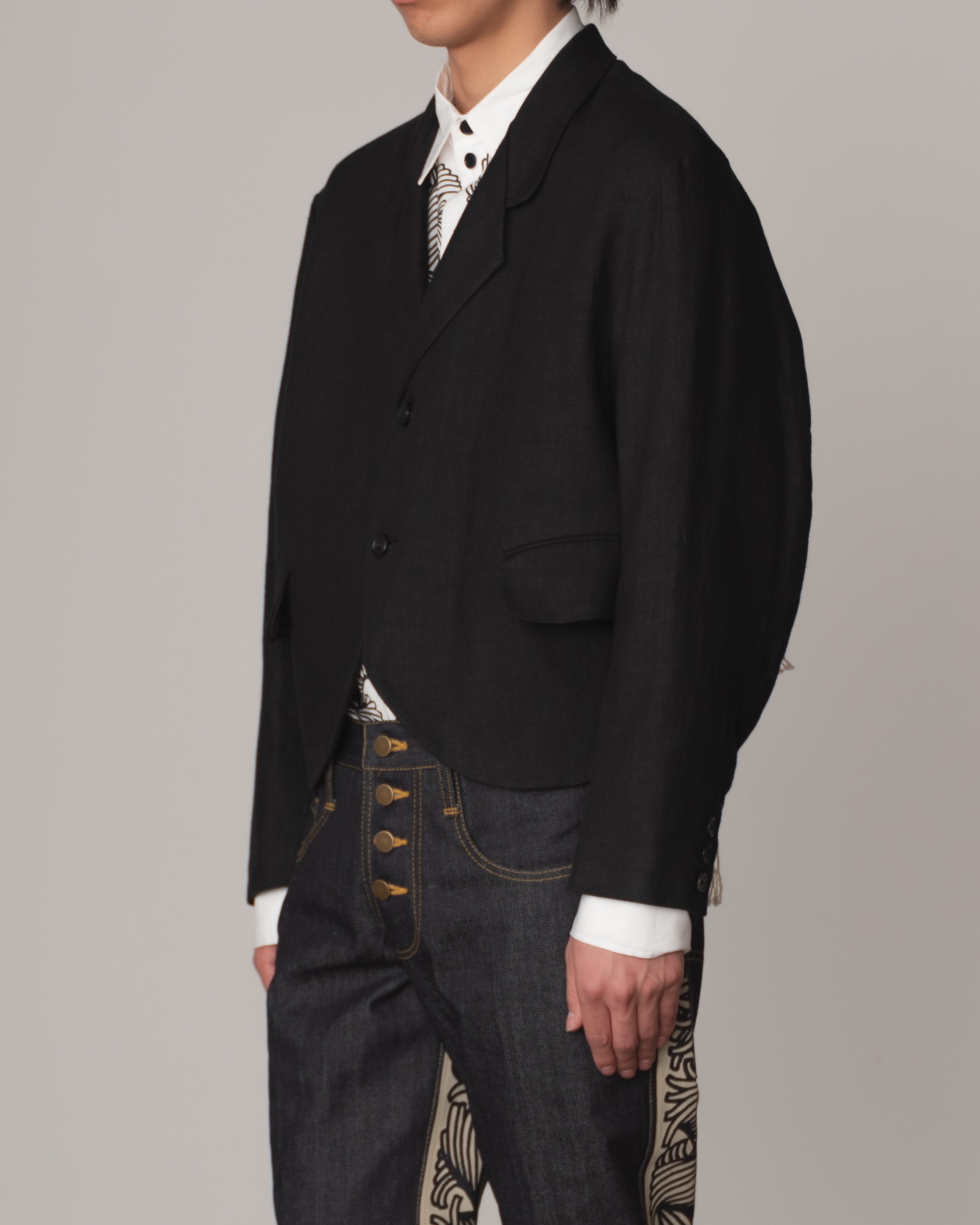 Jacket 32- Linen100% Heavy Canvas- Embroidery Back Print- Kite Strings- Black