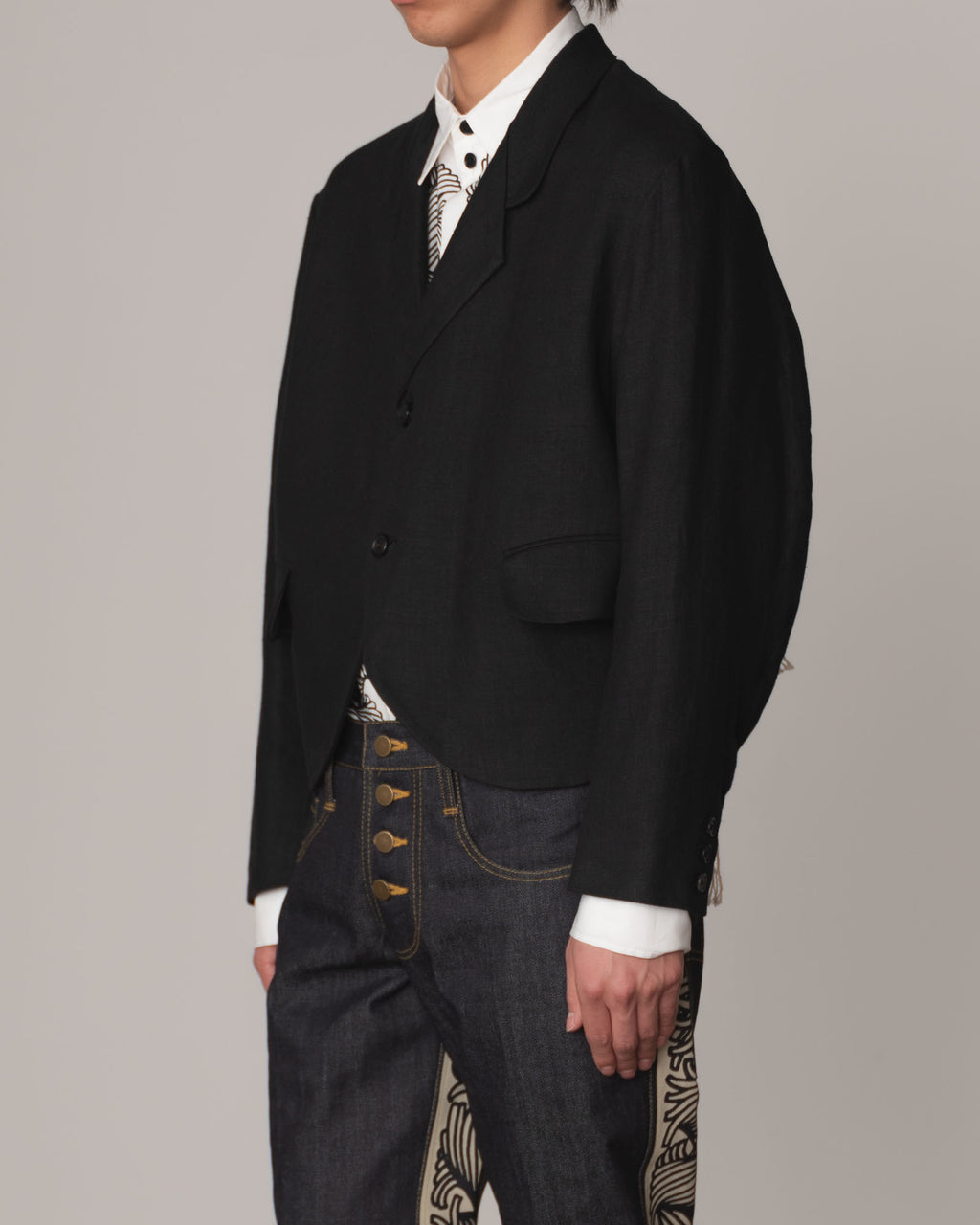 Jacket 32- Linen100% Heavy Canvas- Embroidery Back Print- Kite Strings- Black