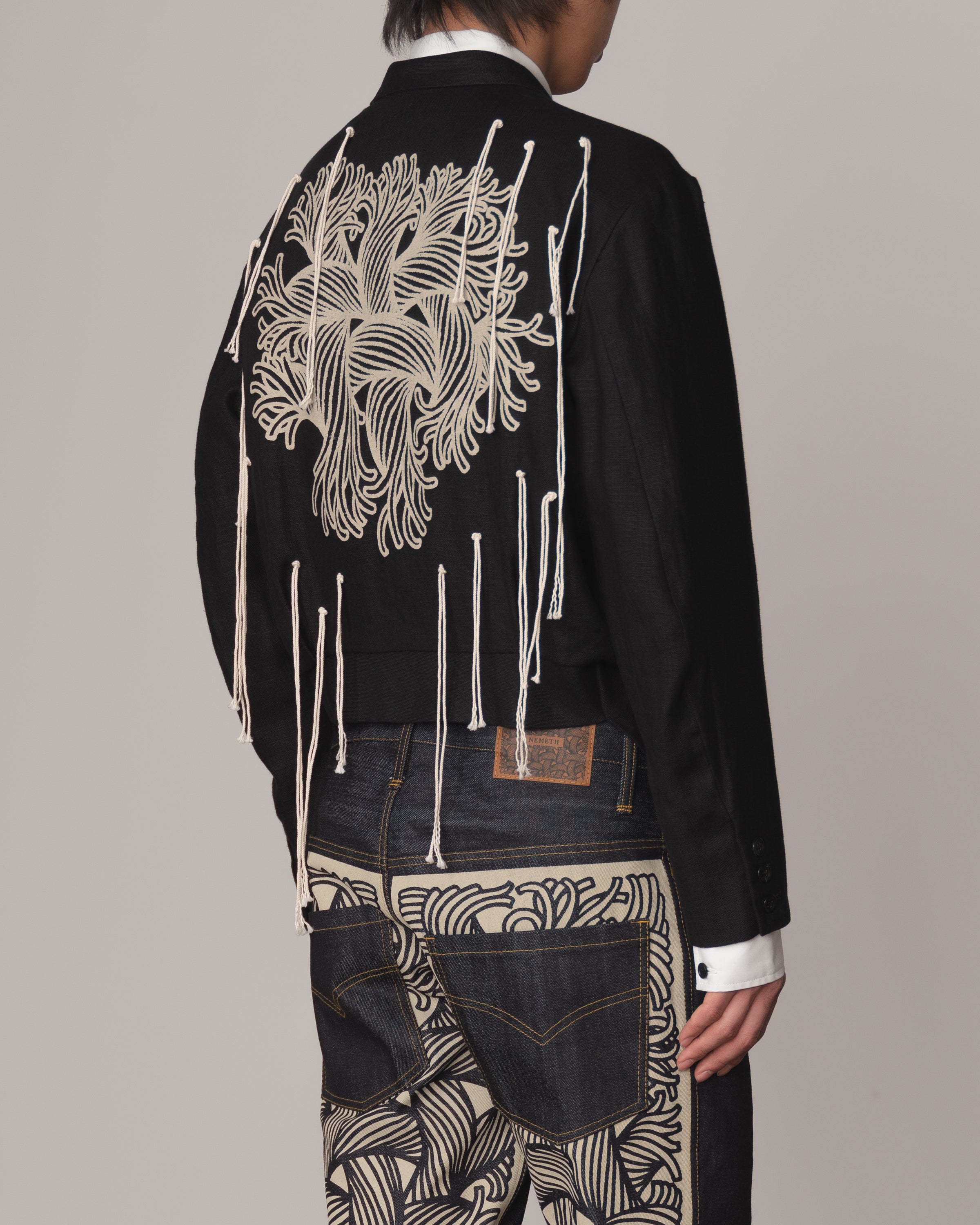 Jacket 32- Linen100% Heavy Canvas- Embroidery Back Print- Kite Strings- Black