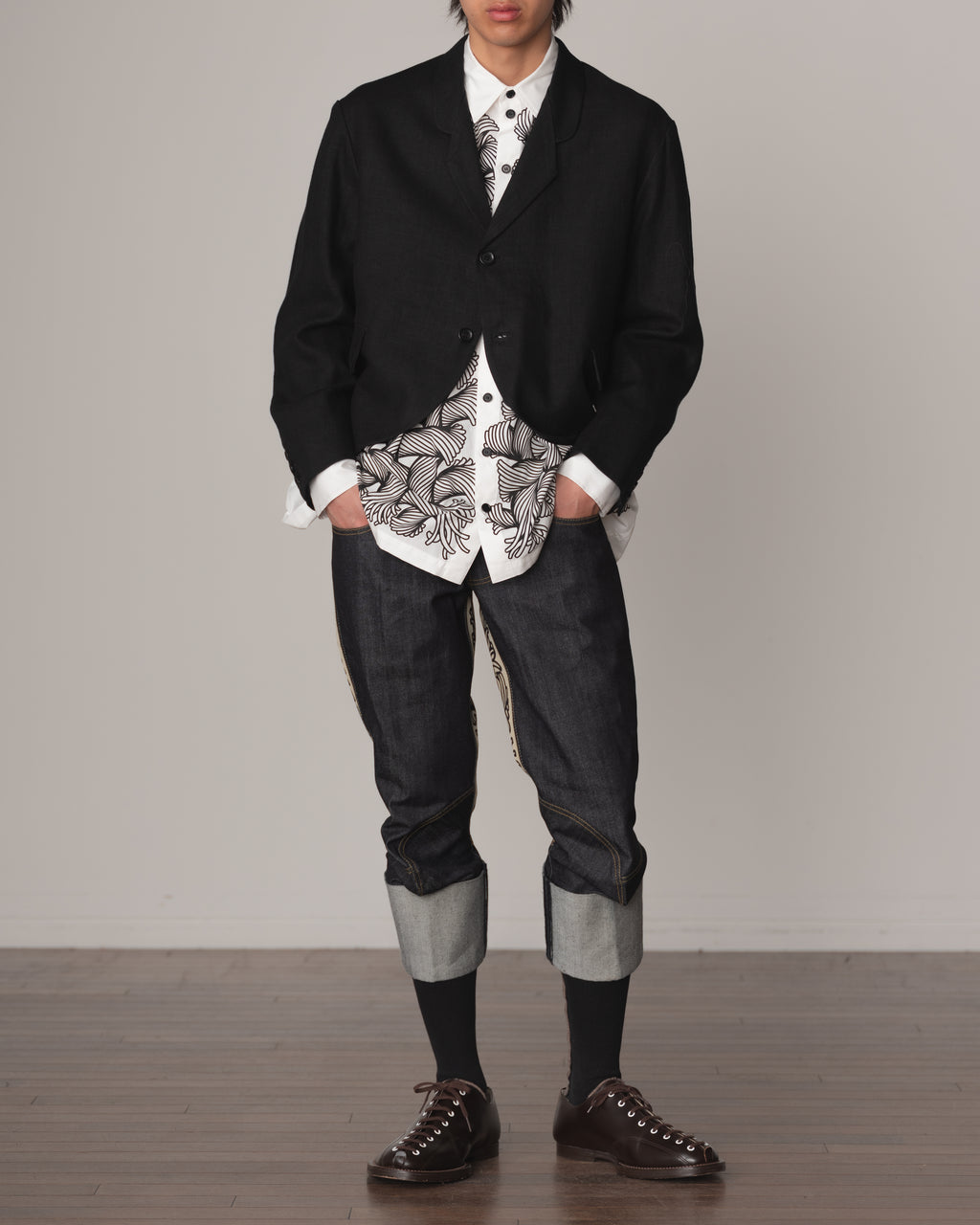 Jacket 32- Linen100% Heavy Canvas- Embroidery Back Print- Kite Strings- Black