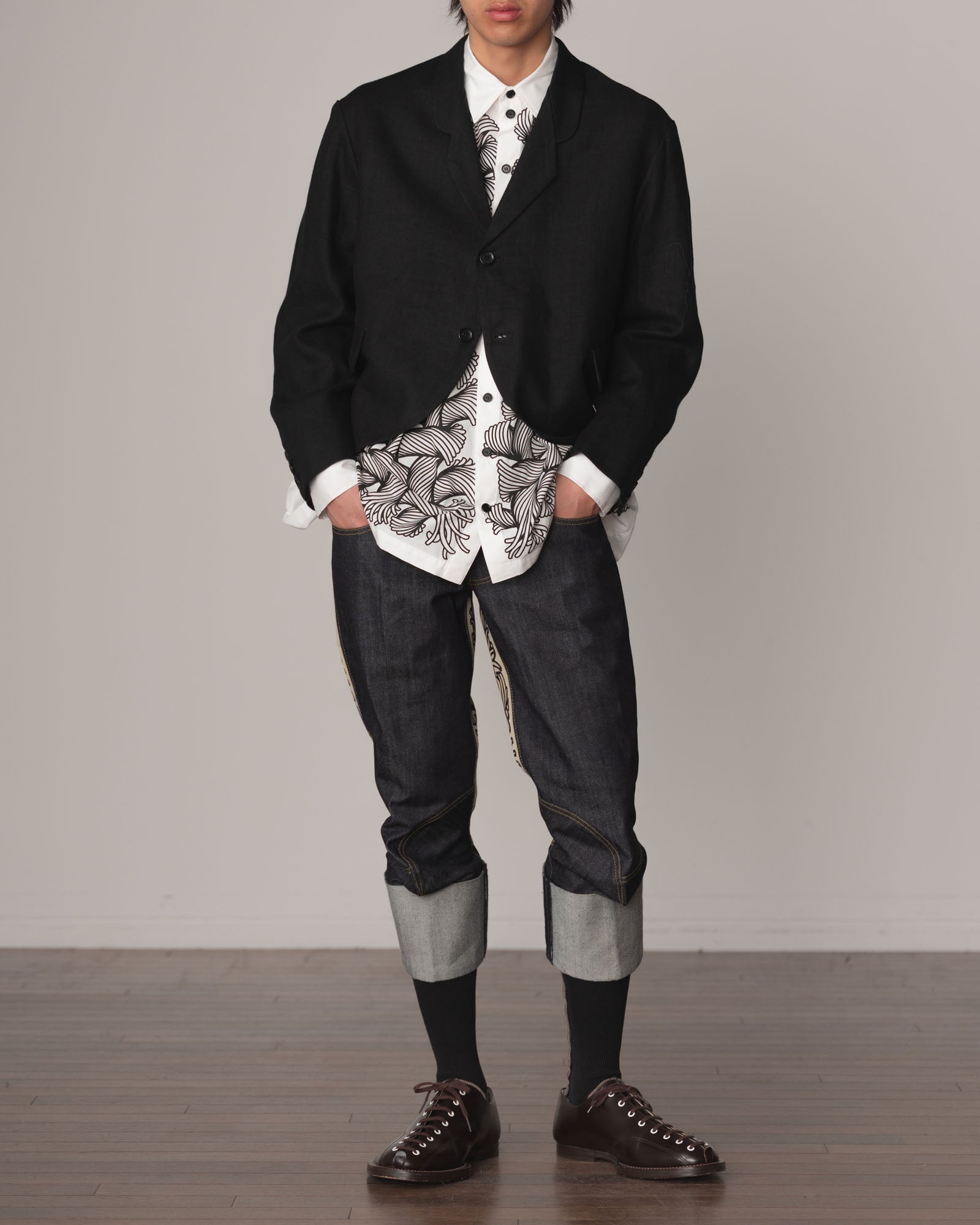 Jacket 32- Linen100% Heavy Canvas- Embroidery Back Print- Kite Strings- Black
