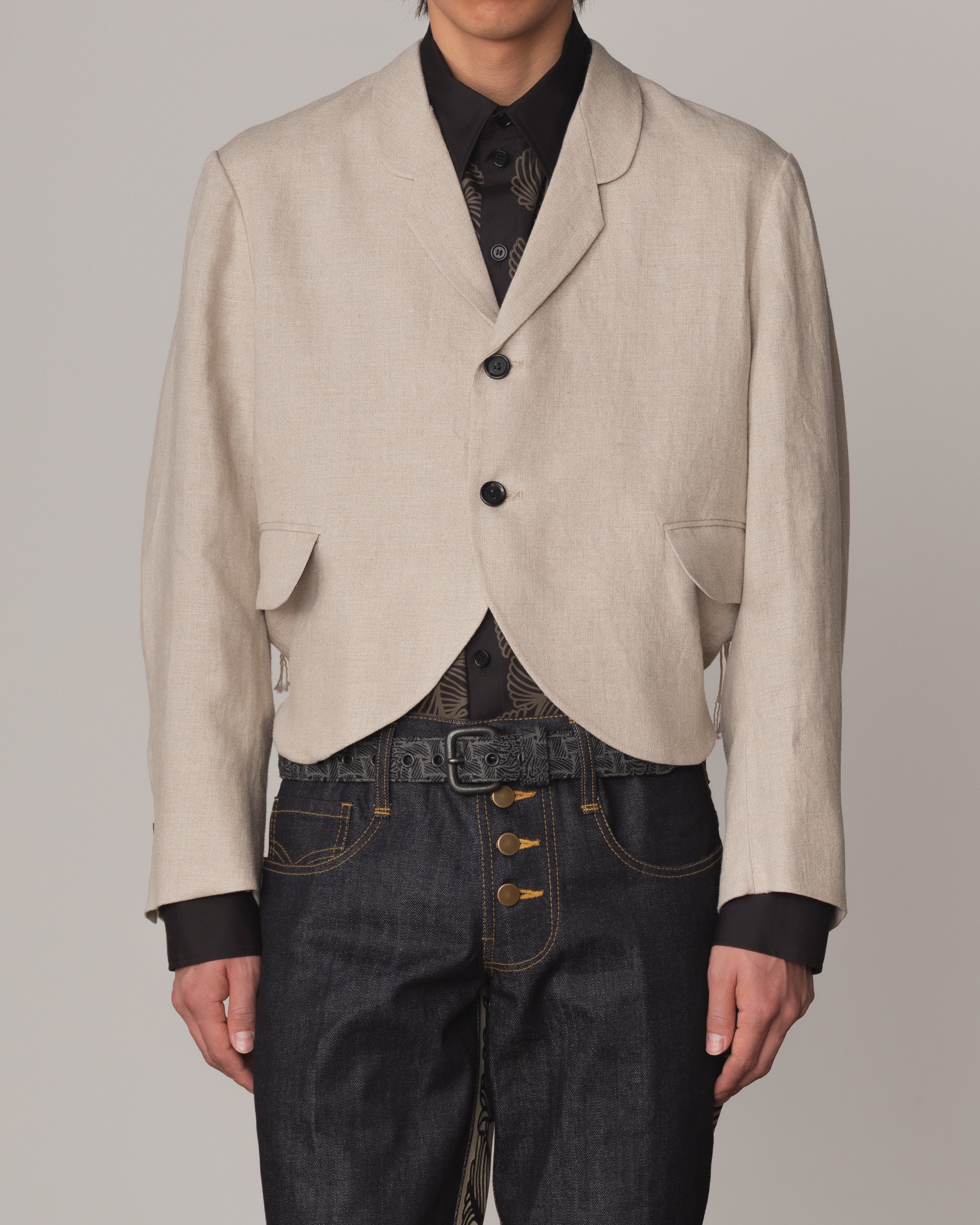 Jacket 32- Linen100% Heavy Canvas- Embroidery Back Print- Kite Strings- Natural