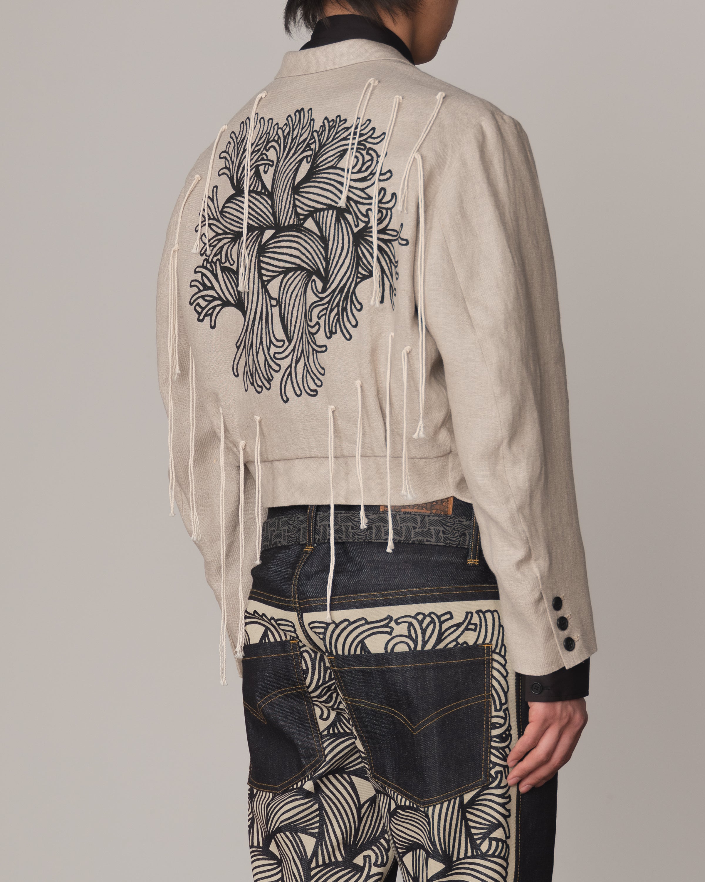 Jacket 32- Linen100% Heavy Canvas- Embroidery Back Print- Kite Strings- Natural