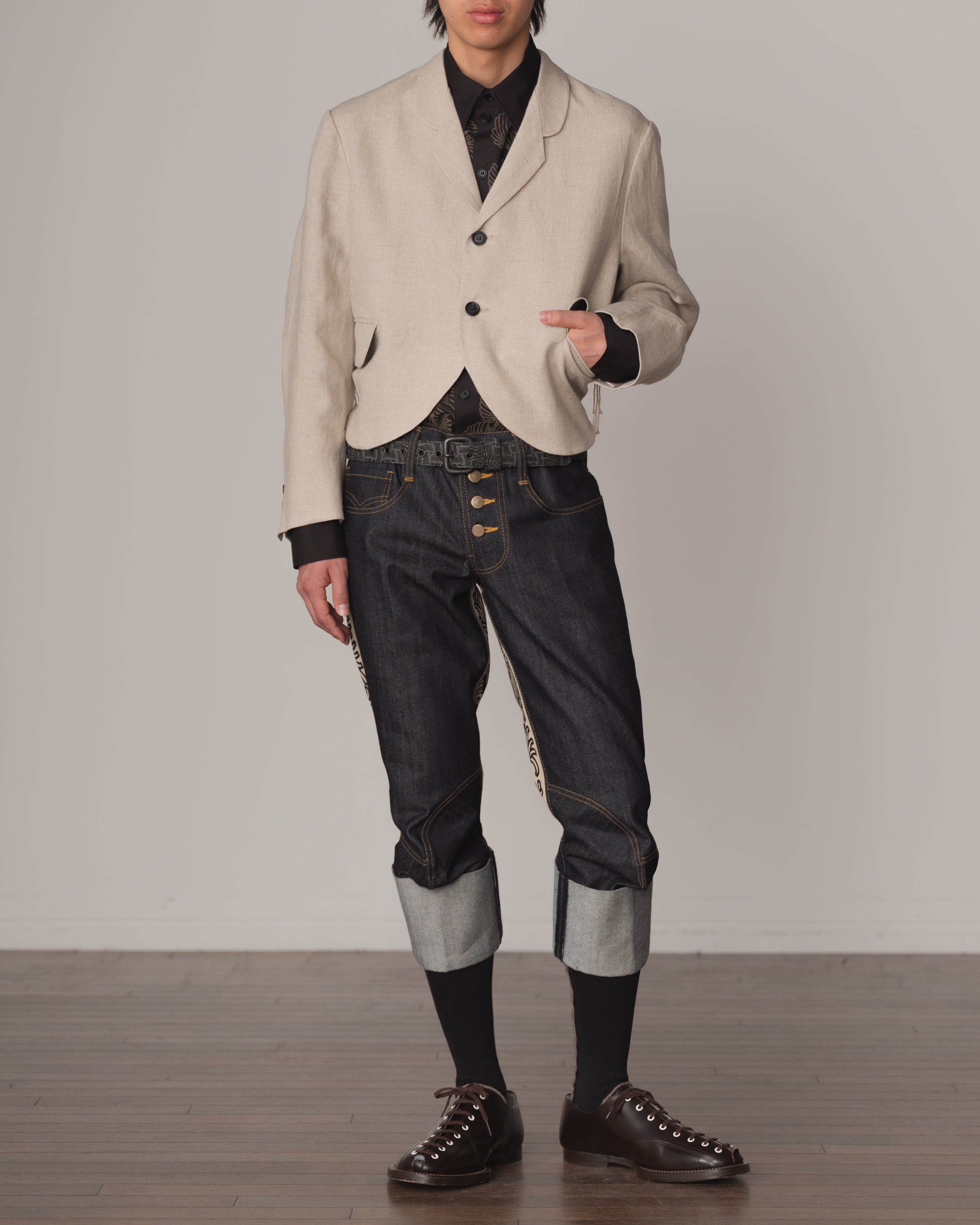 Jacket 32- Linen100% Heavy Canvas- Embroidery Back Print- Kite Strings- Natural