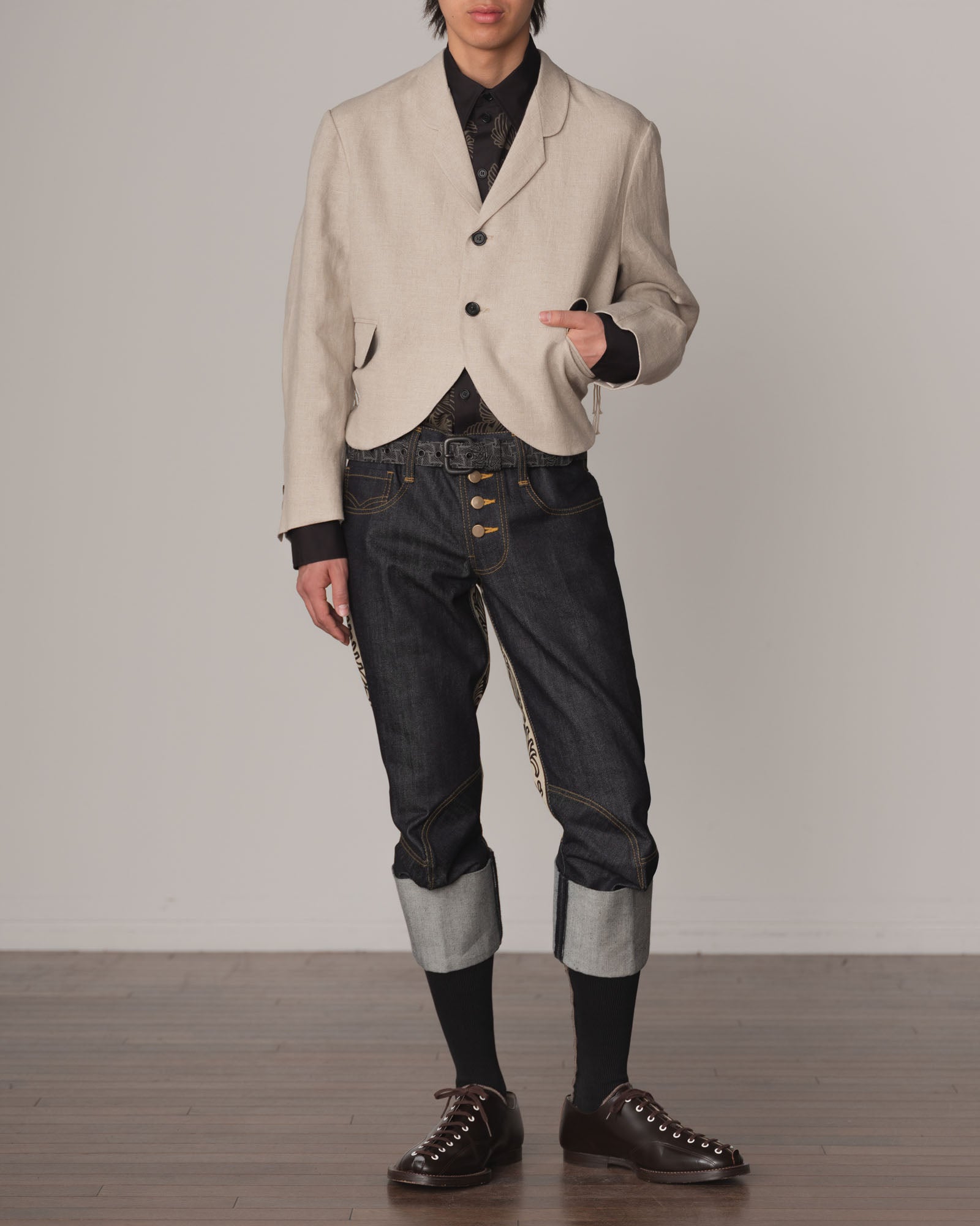 Jacket 32- Linen100% Heavy Canvas- Embroidery Back Print- Kite Strings- Natural