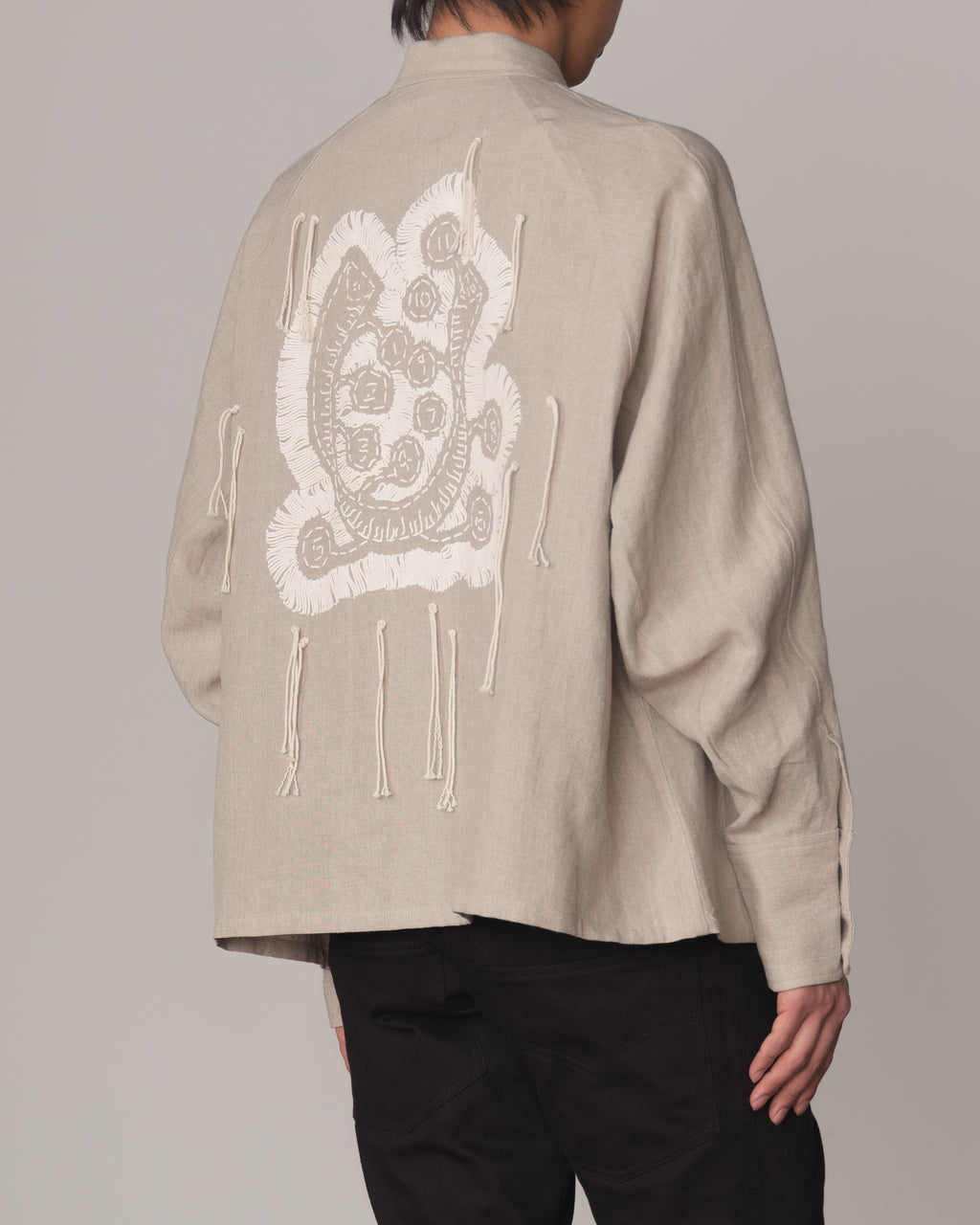 Shirt 988- Linen100%- Kite Strings- Embroidered Tape Measure Print- Natural