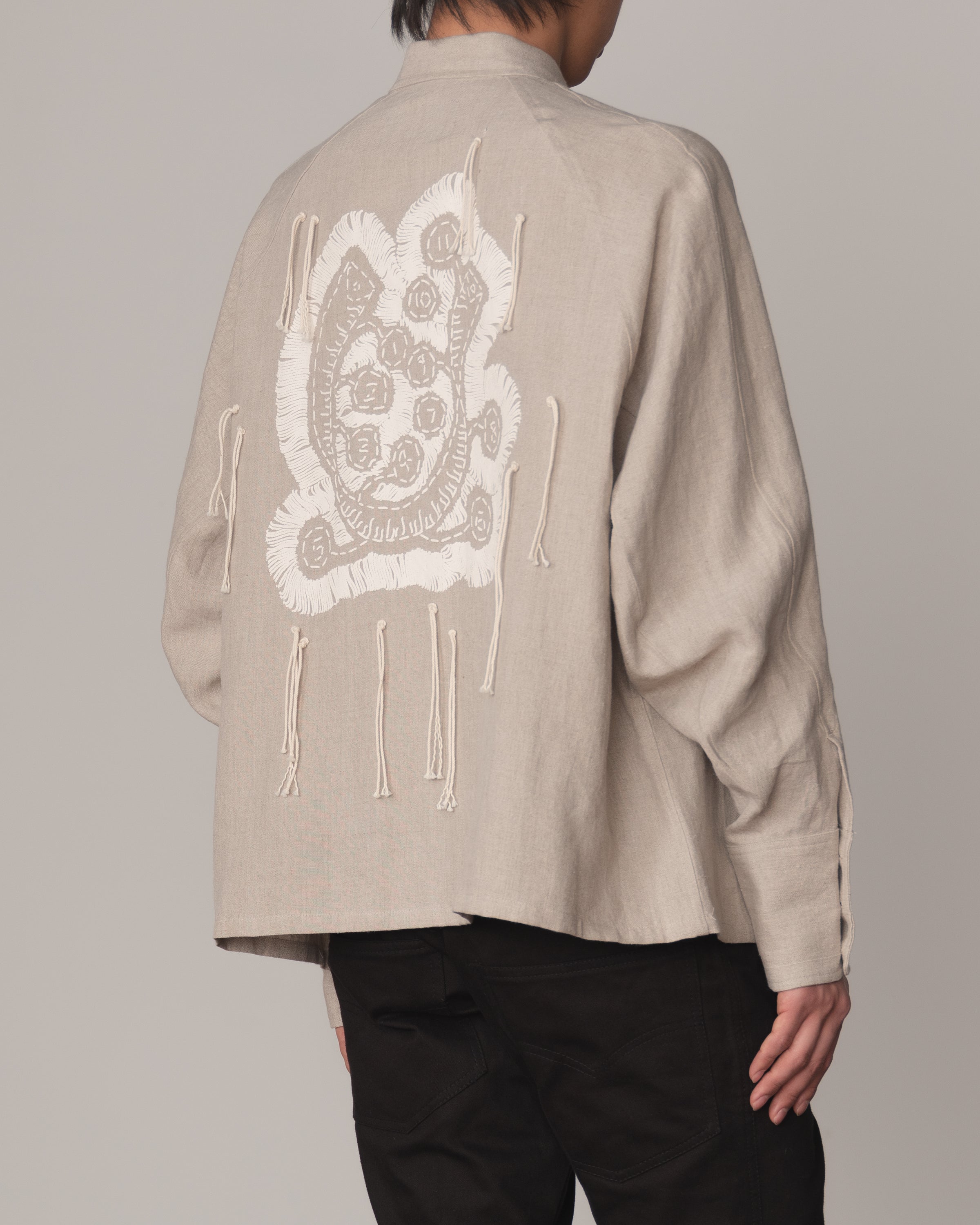 Shirt 988- Linen100%- Kite Strings- Embroidered Tape Measure Print- Natural