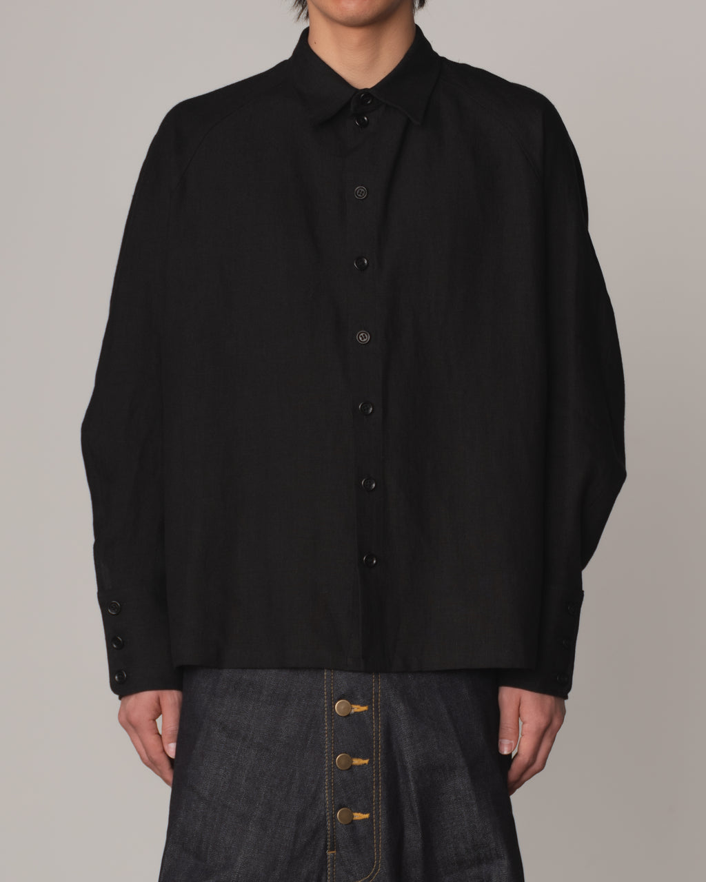 Shirt 988- Linen100%- Kite Strings- Buttonhole Print- Black