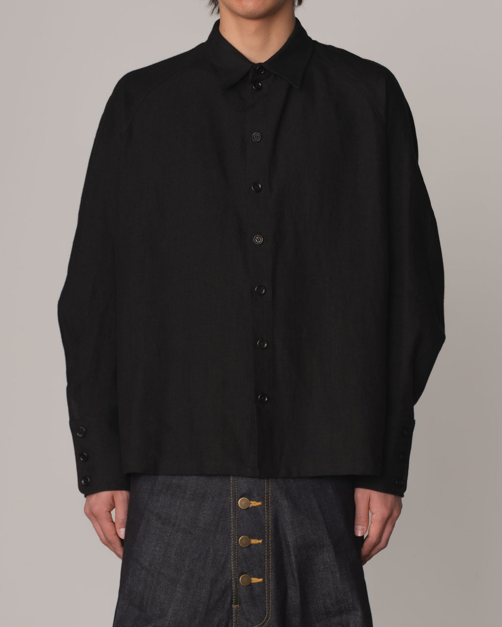 Shirt 988- Linen100%- Kite Strings- Embroidered Tape Measure Print- Black