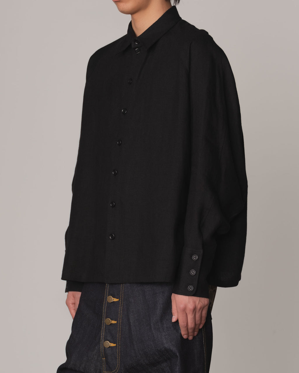 Shirt 988- Linen100%- Kite Strings- Embroidered Tape Measure Print- Black