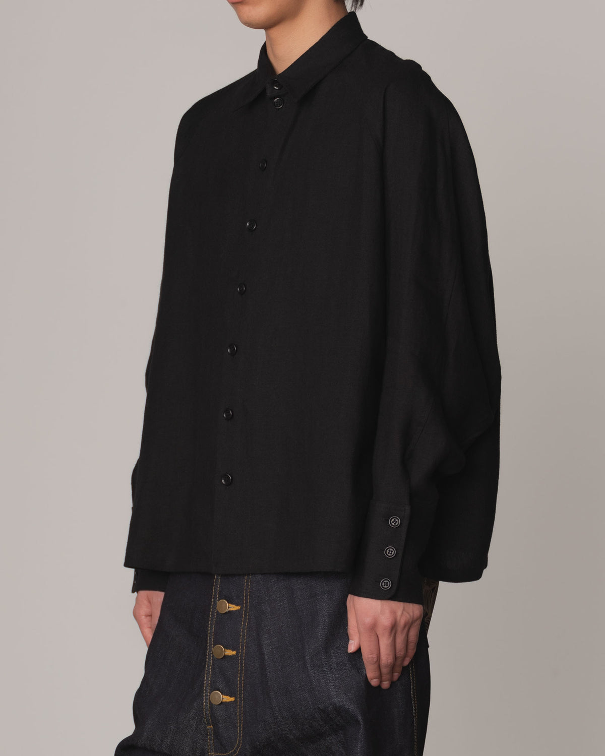 Shirt 988- Linen100%- Kite Strings- Embroidered Tape Measure Print- Black