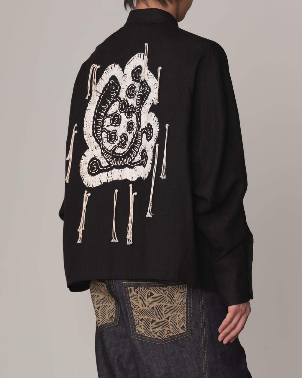 Shirt 988- Linen100%- Kite Strings- Embroidered Tape Measure Print- Black