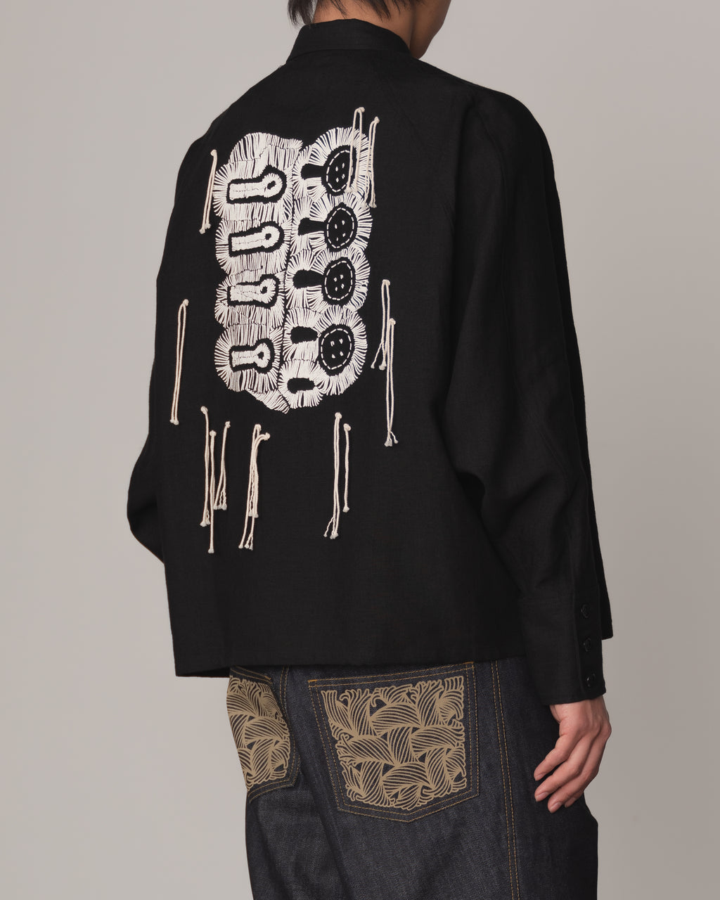 Shirt 988- Linen100%- Kite Strings- Buttonhole Print- Black