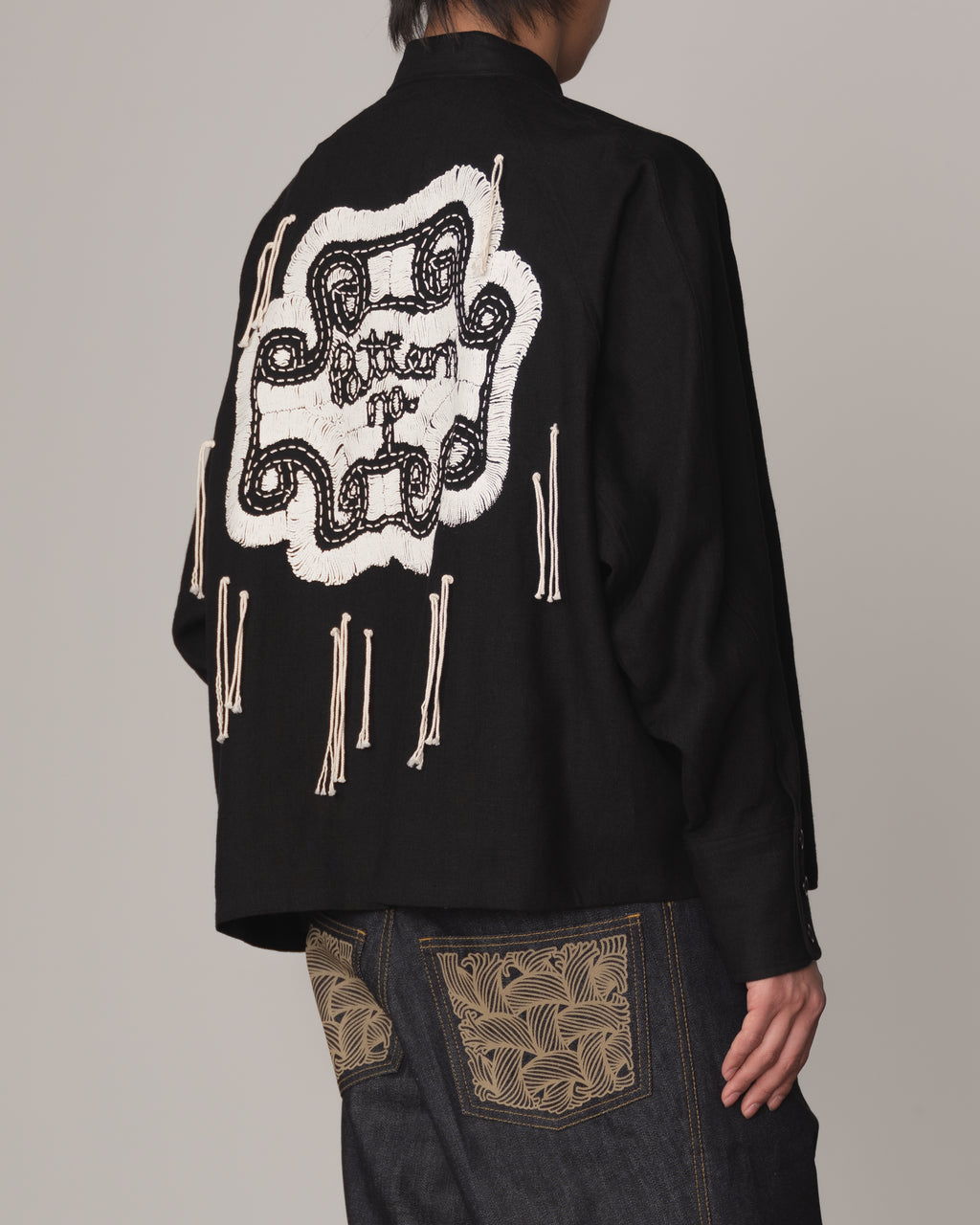 Shirt 988- Linen100%- Kite Strings- Embroidered Pattern No1 Print- Black