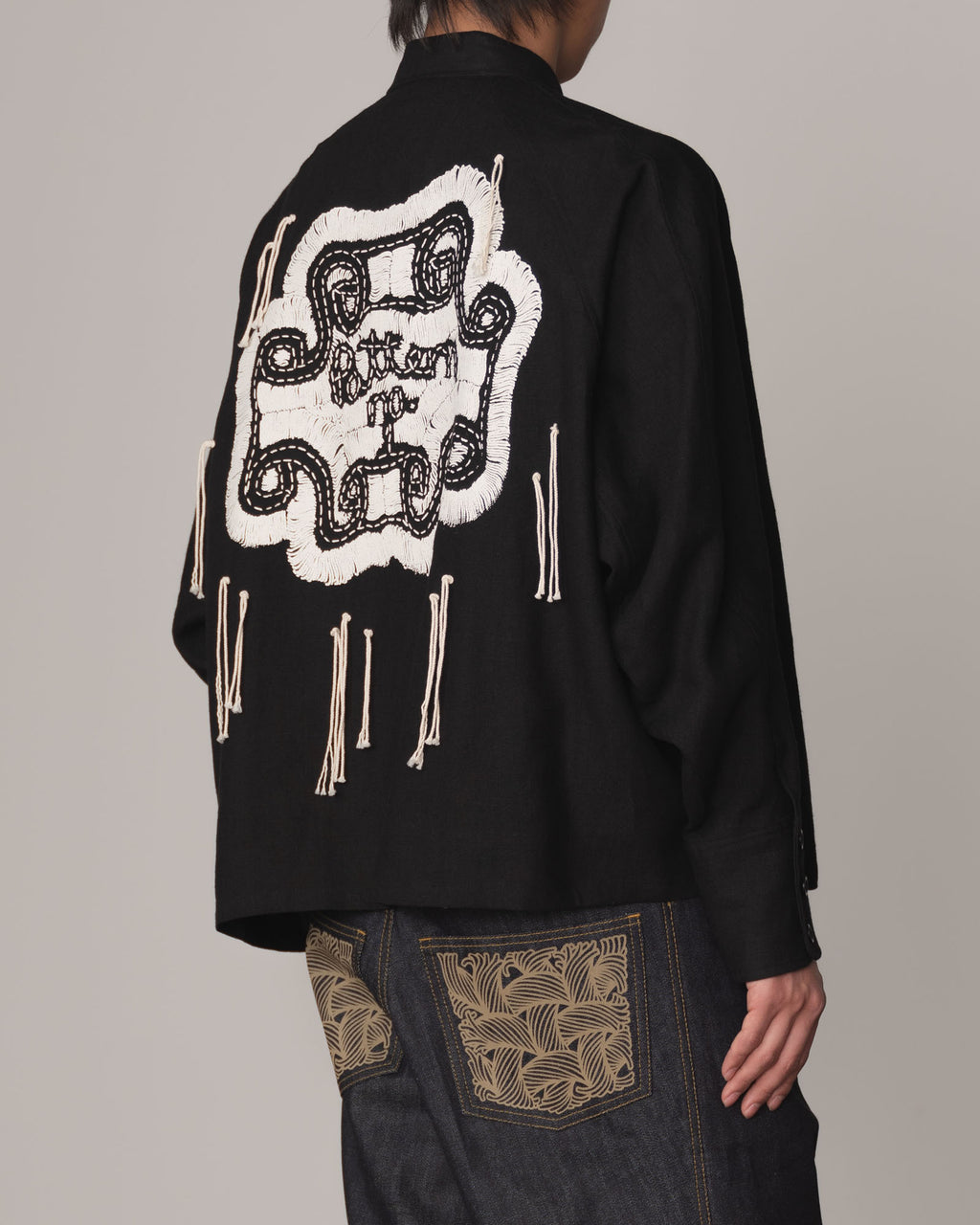 Shirt 988- Linen100%- Kite Strings- Embroidered Pattern No1 Print- Black