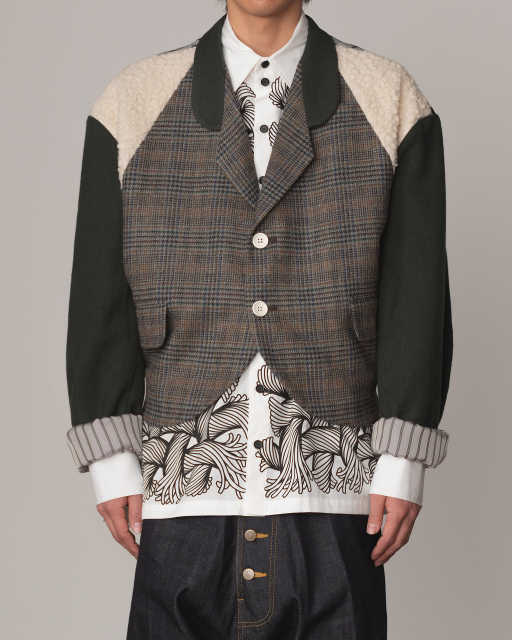 Jacket 1- Wool100% Mix Moss Green- Shoulder Boa/Linen100% Rug Back Print- Black