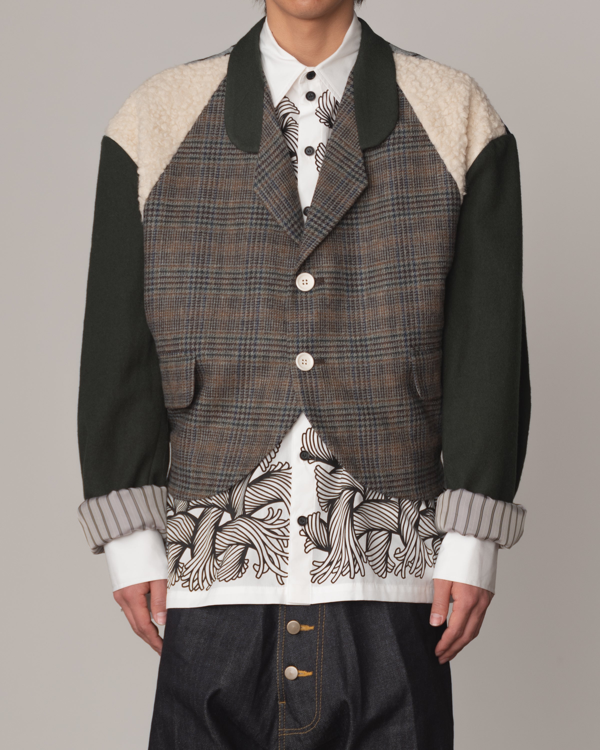 Jacket 1- Wool100% Mix Moss Green- Shoulder Boa/Linen100% Rug Back Print- Black